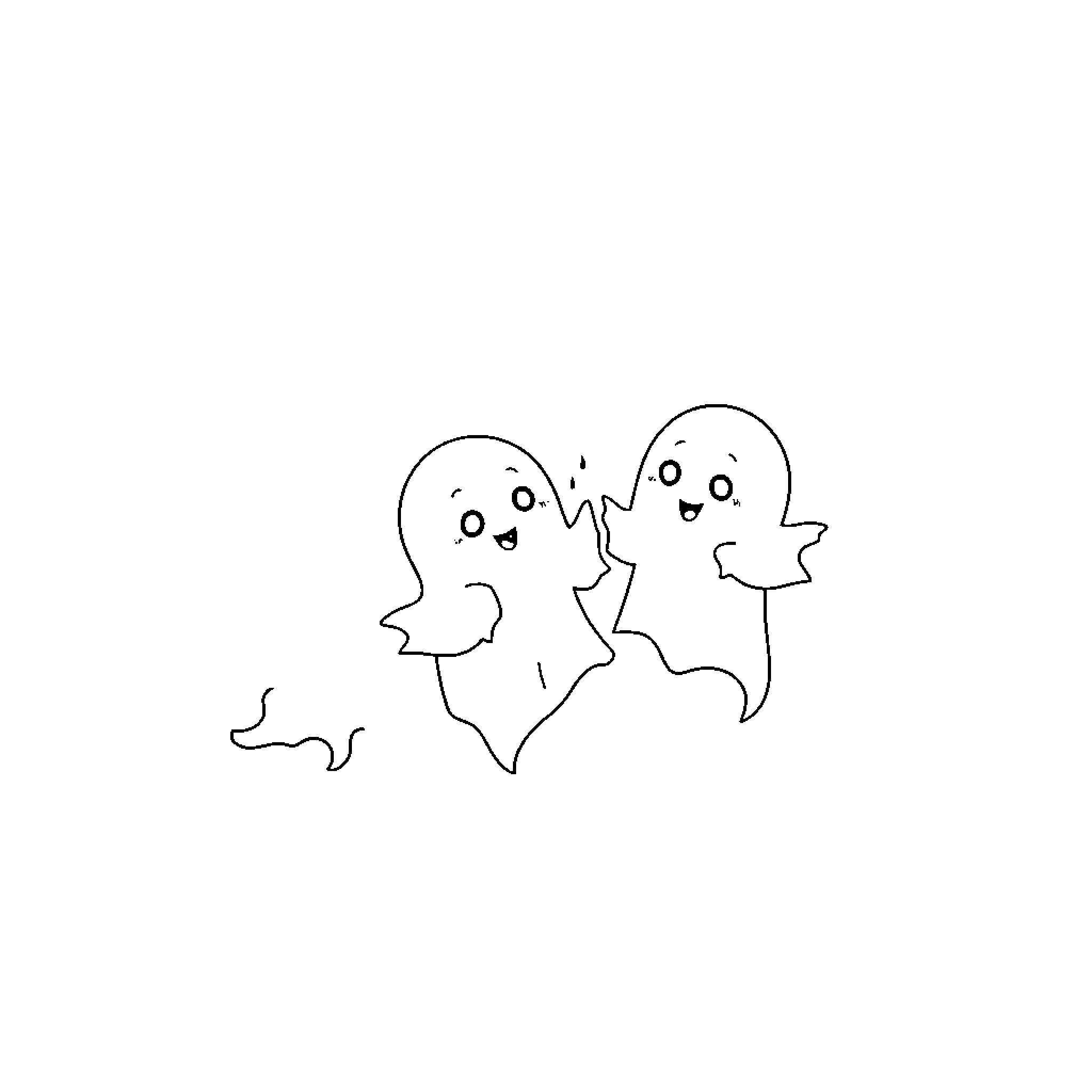 Ghost friends enjoying a playful moment Coloring Page (free black-and-white line drawing printable PDF for all, from beginners to advanced learners, including children, teens, adults, and seniors)