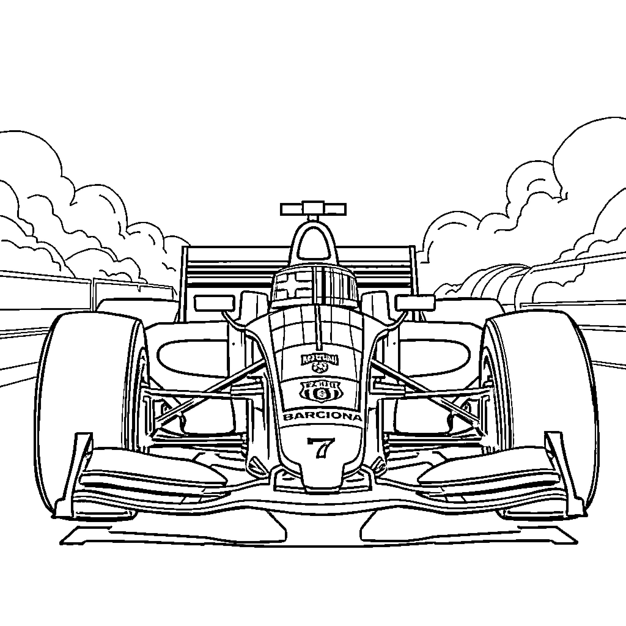 Formula 1 Race Cars on Raceway Coloring Page (free black-and-white line drawing printable PDF for all, from beginners to advanced learners, including children, teens, adults, and seniors)