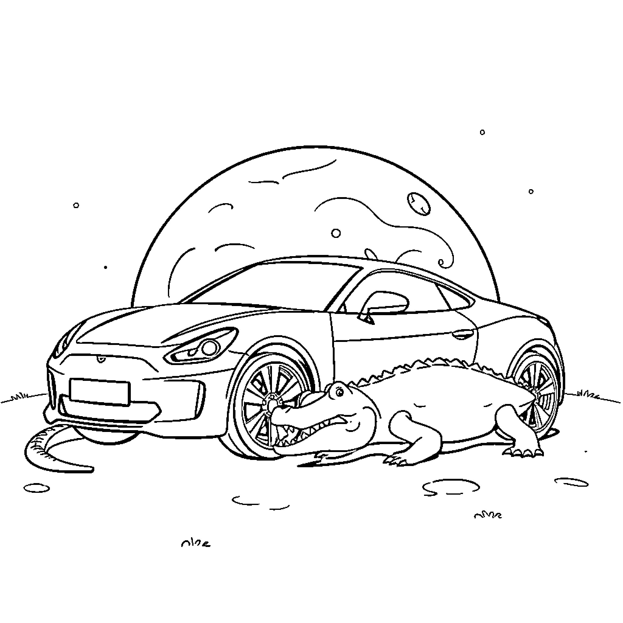 Car with Reptile on Moonlit Night Coloring Page (free black-and-white line drawing printable PDF for all, from beginners to advanced learners, including children, teens, adults, and seniors)