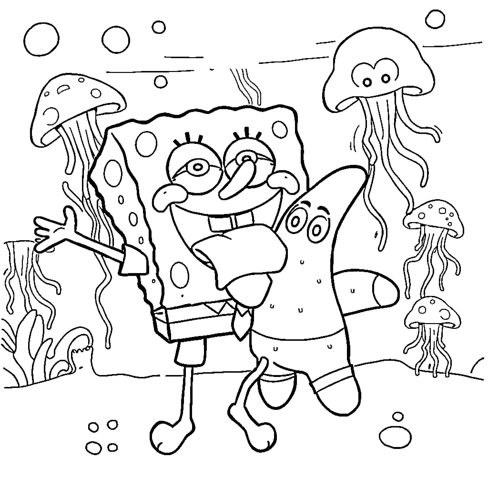Spongebob exploring the underwater world Coloring Page (free black-and-white line drawing printable PDF for all, from beginners to advanced learners, including children, teens, adults, and seniors)