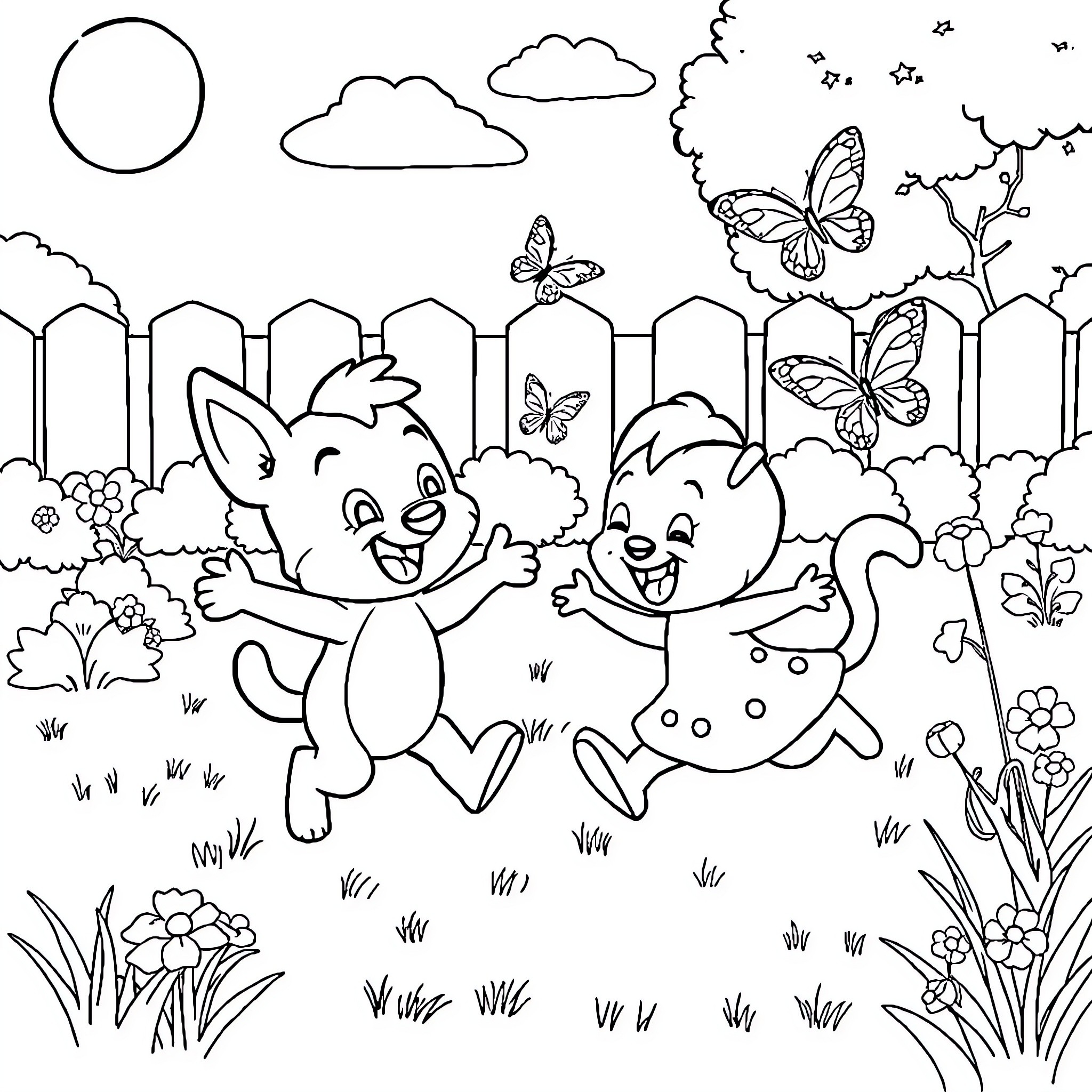 Bluey and friend playing happily in the garden Coloring Page (free black-and-white line drawing printable PDF for all, from beginners to advanced learners, including children, teens, adults, and seniors)