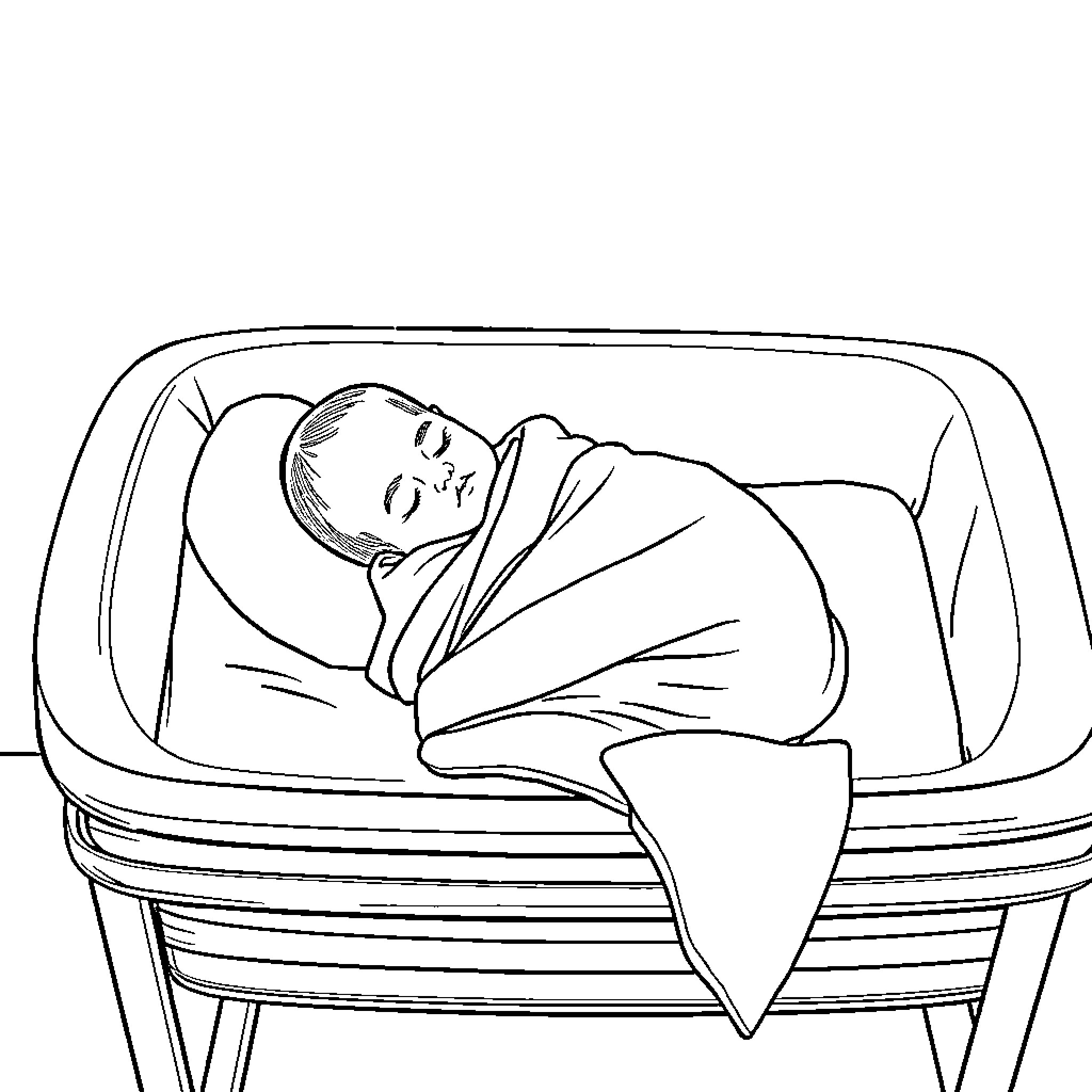 Newborn resting peacefully in cozy bassinet Coloring Page (free black-and-white line drawing printable PDF for all, from beginners to advanced learners, including children, teens, adults, and seniors)