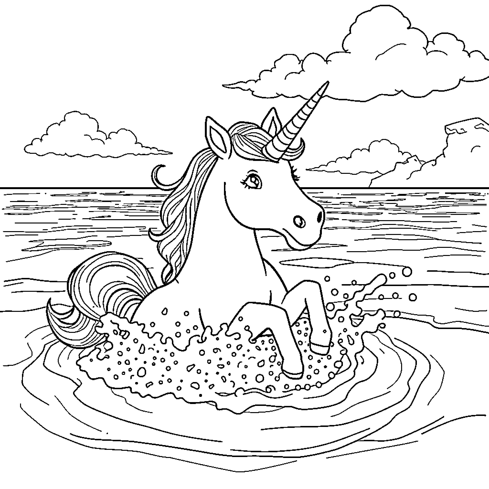 Unicorn frolicking in the enchanted sea Coloring Page (free black-and-white line drawing printable PDF for all, from beginners to advanced learners, including children, teens, adults, and seniors)
