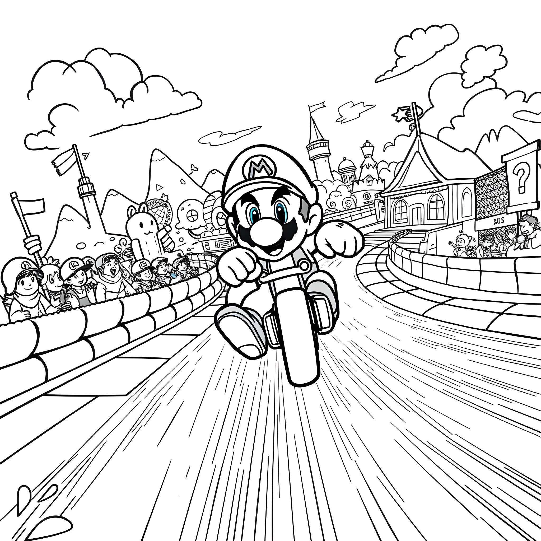 Mario Kart Racing Through a Whimsical Kingdom Coloring Page (free black-and-white line drawing printable PDF for all, from beginners to advanced learners, including children, teens, adults, and seniors)