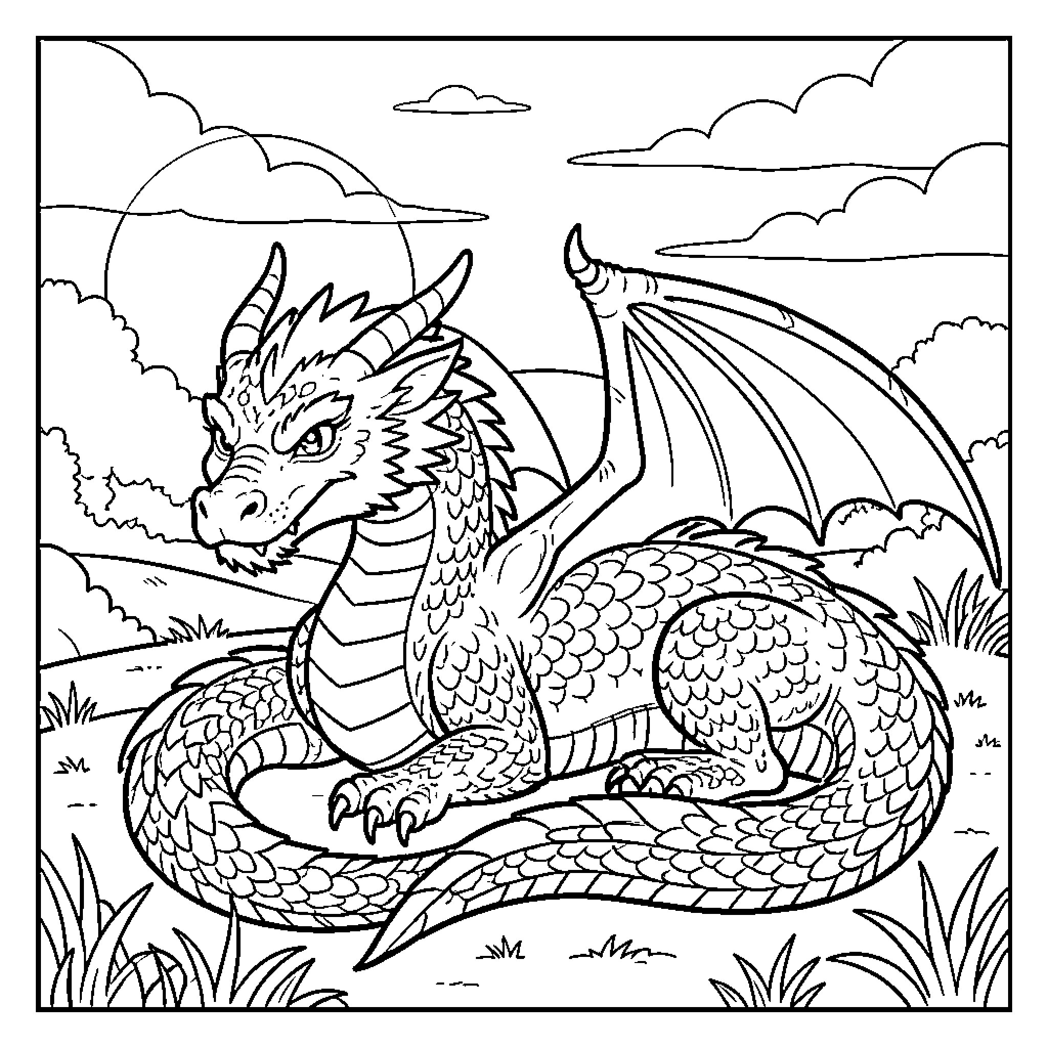 Dragon resting calmly in a peaceful landscape Coloring Page (free black-and-white line drawing printable PDF for all, from beginners to advanced learners, including children, teens, adults, and seniors)