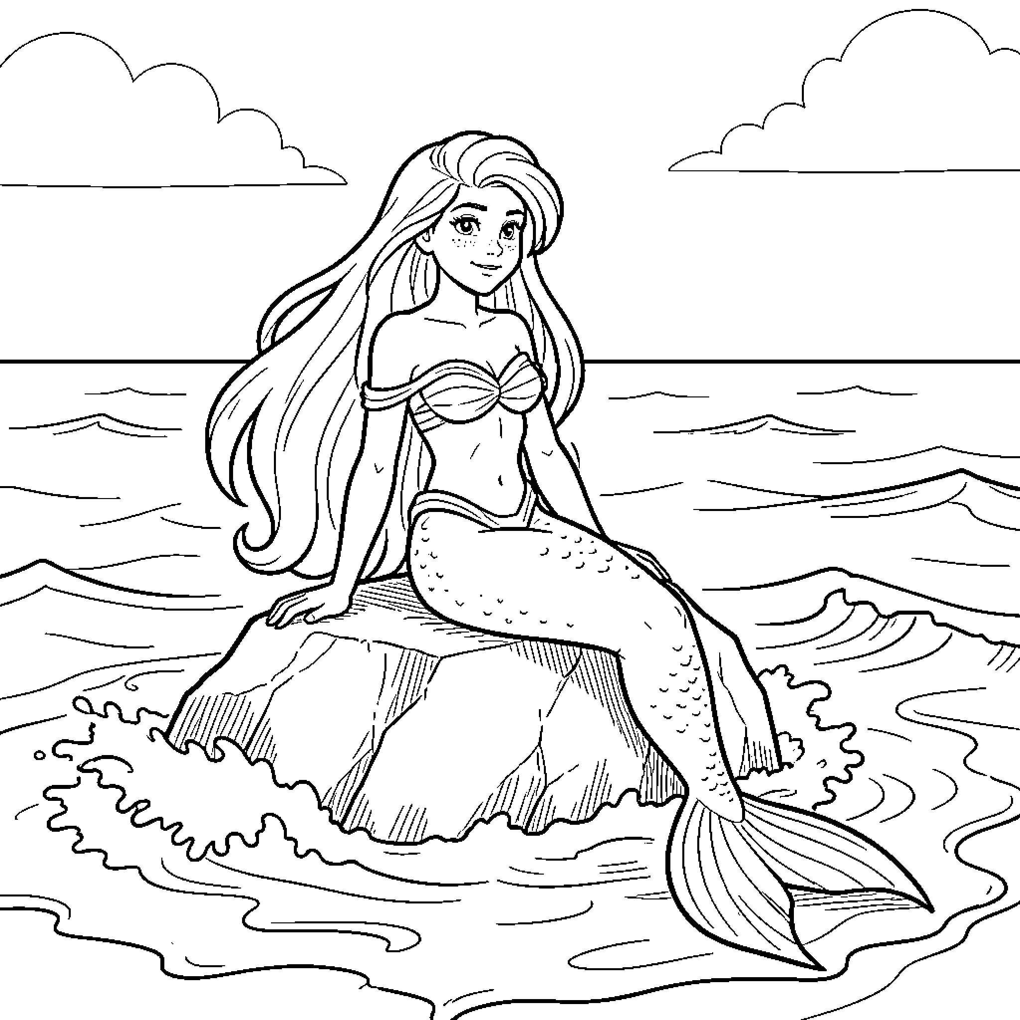 Mermaid exploring the ocean waves Coloring Page (free black-and-white line drawing printable PDF for all, from beginners to advanced learners, including children, teens, adults, and seniors)