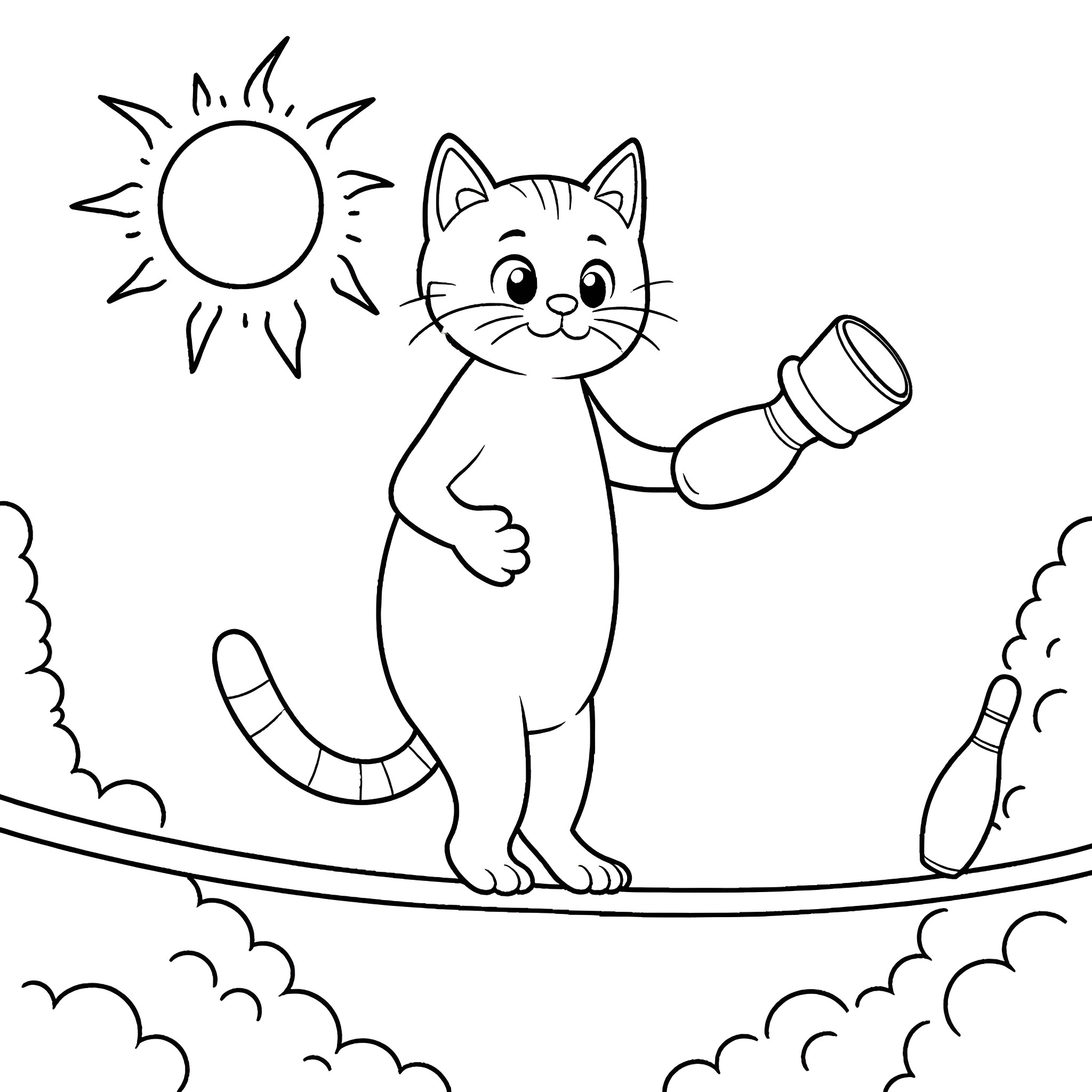 Cat playing on a tightrope under the sun Coloring Page (free black-and-white line drawing printable PDF for all, from beginners to advanced learners, including children, teens, adults, and seniors)