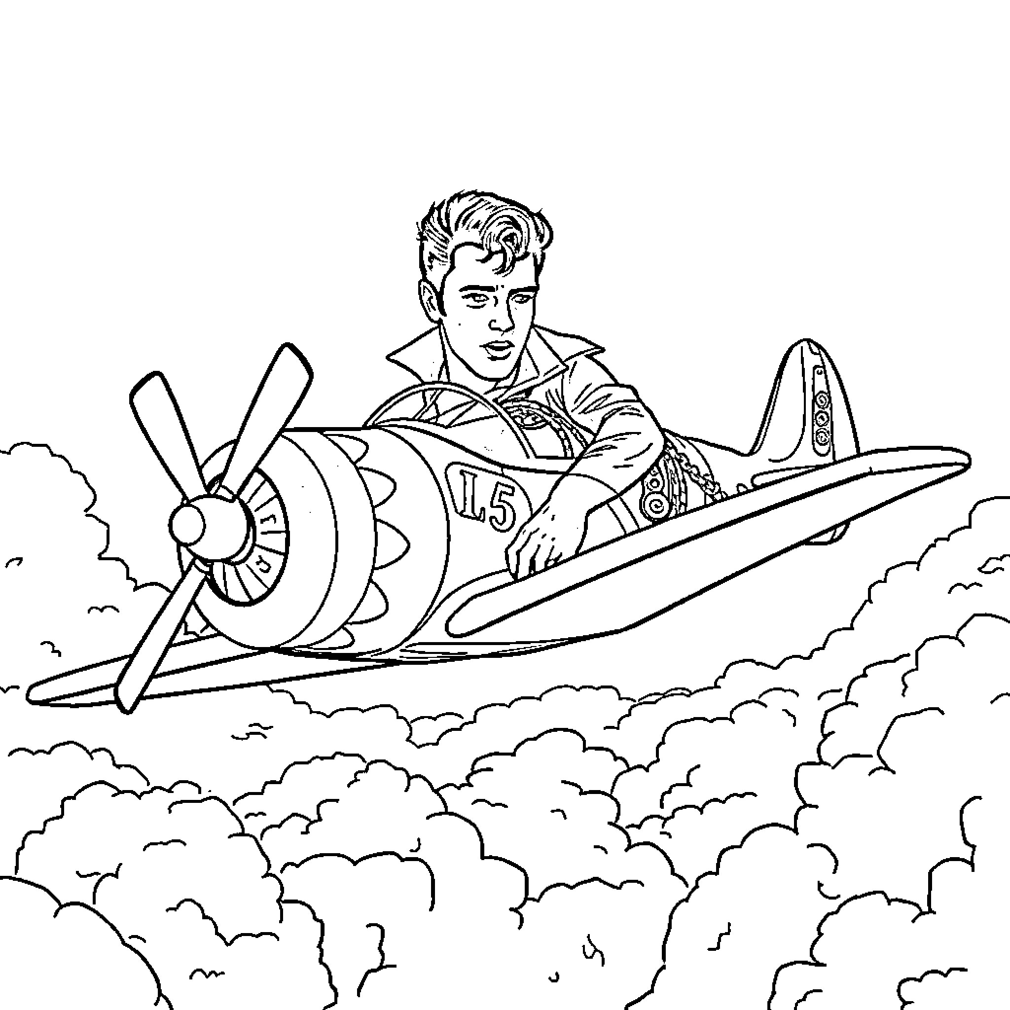 Elvis Soaring in His Vintage Plane Coloring Page (free black-and-white line drawing printable PDF for all, from beginners to advanced learners, including children, teens, adults, and seniors)
