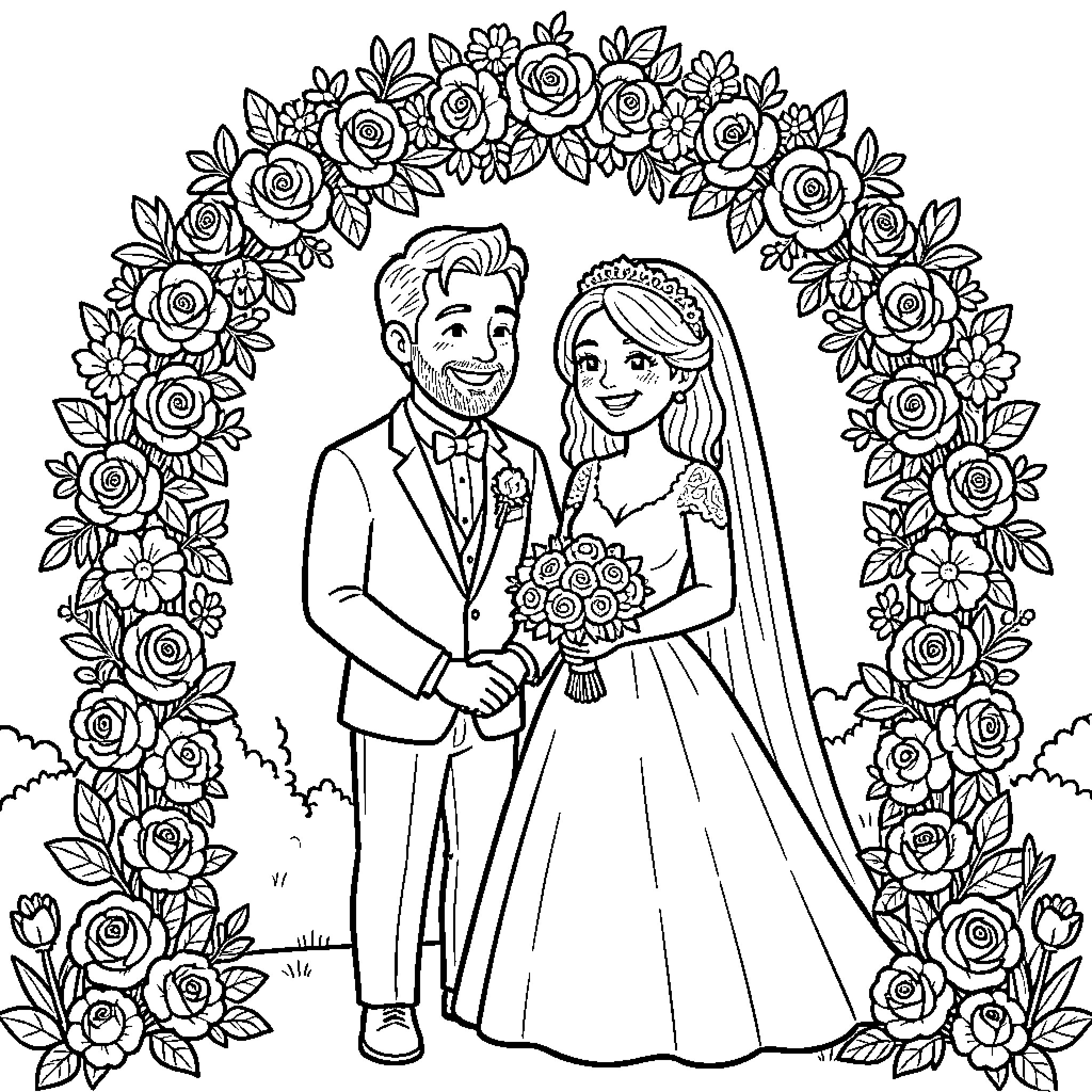 Bride and Groom in Floral Arch Coloring Page (free black-and-white line drawing printable PDF for all, from beginners to advanced learners, including children, teens, adults, and seniors)
