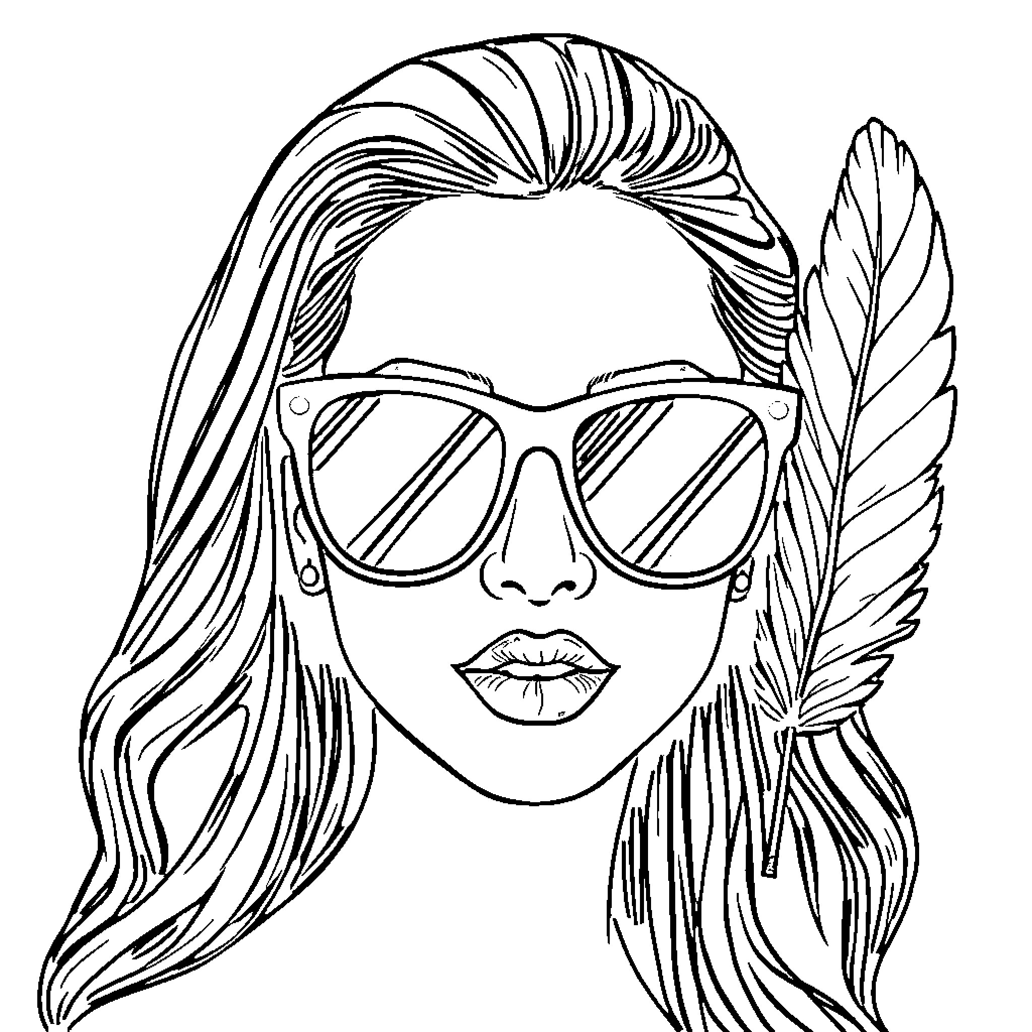 Shetty's Fashionable Feather Framed Face Coloring Page (free black-and-white line drawing printable PDF for all, from beginners to advanced learners, including children, teens, adults, and seniors)
