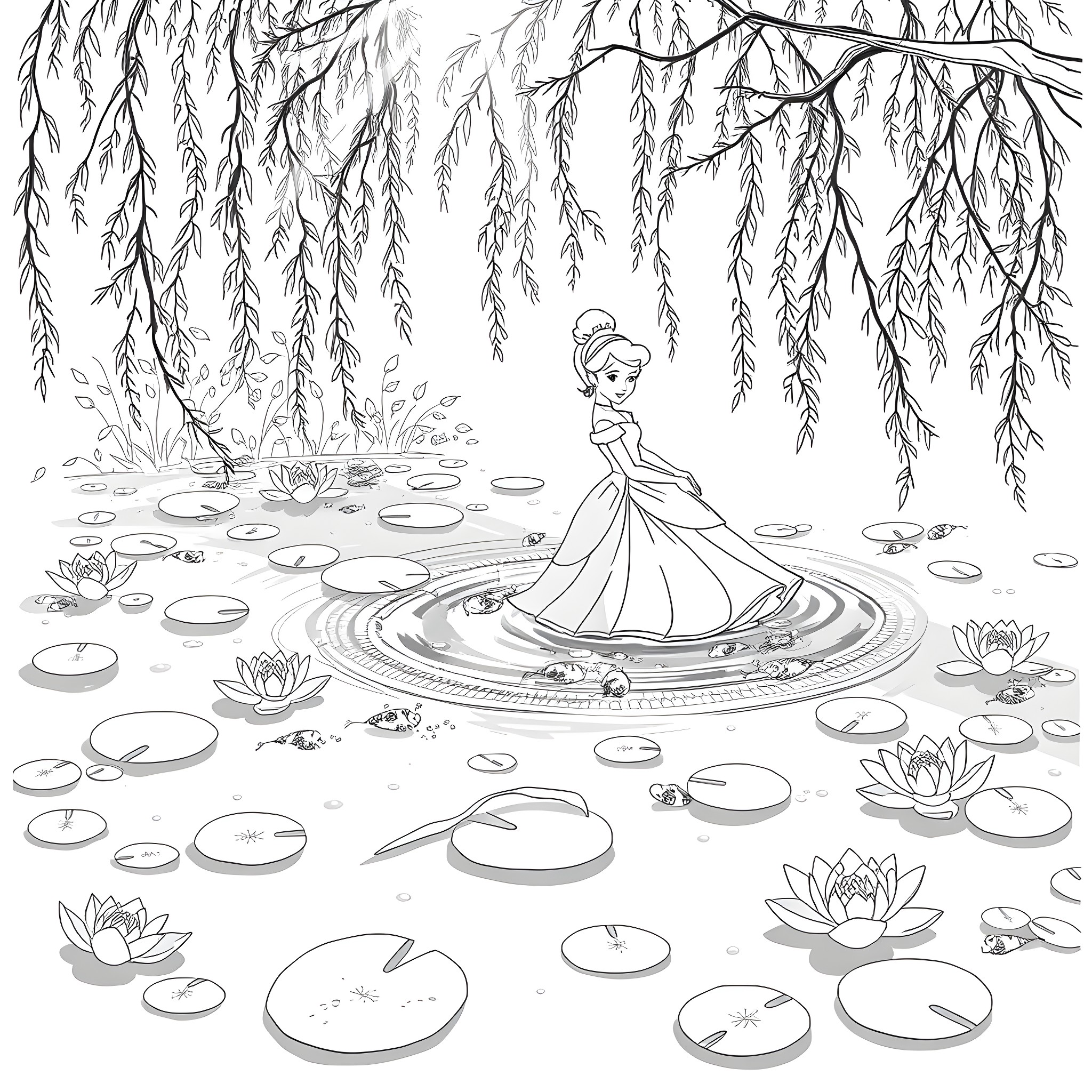 Cinderella's Tranquil Moment in the Enchanted Pond Coloring Page (free black-and-white line drawing printable PDF for all, from beginners to advanced learners, including children, teens, adults, and seniors)