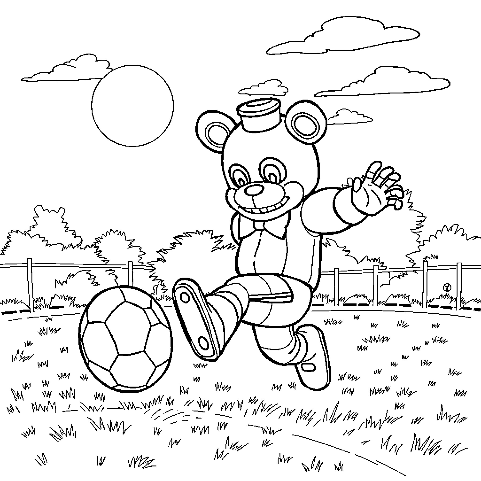 Freddy the Bear Playing with Soccer Ball Outdoors Coloring Page (free black-and-white line drawing printable PDF for all, from beginners to advanced learners, including children, teens, adults, and seniors)
