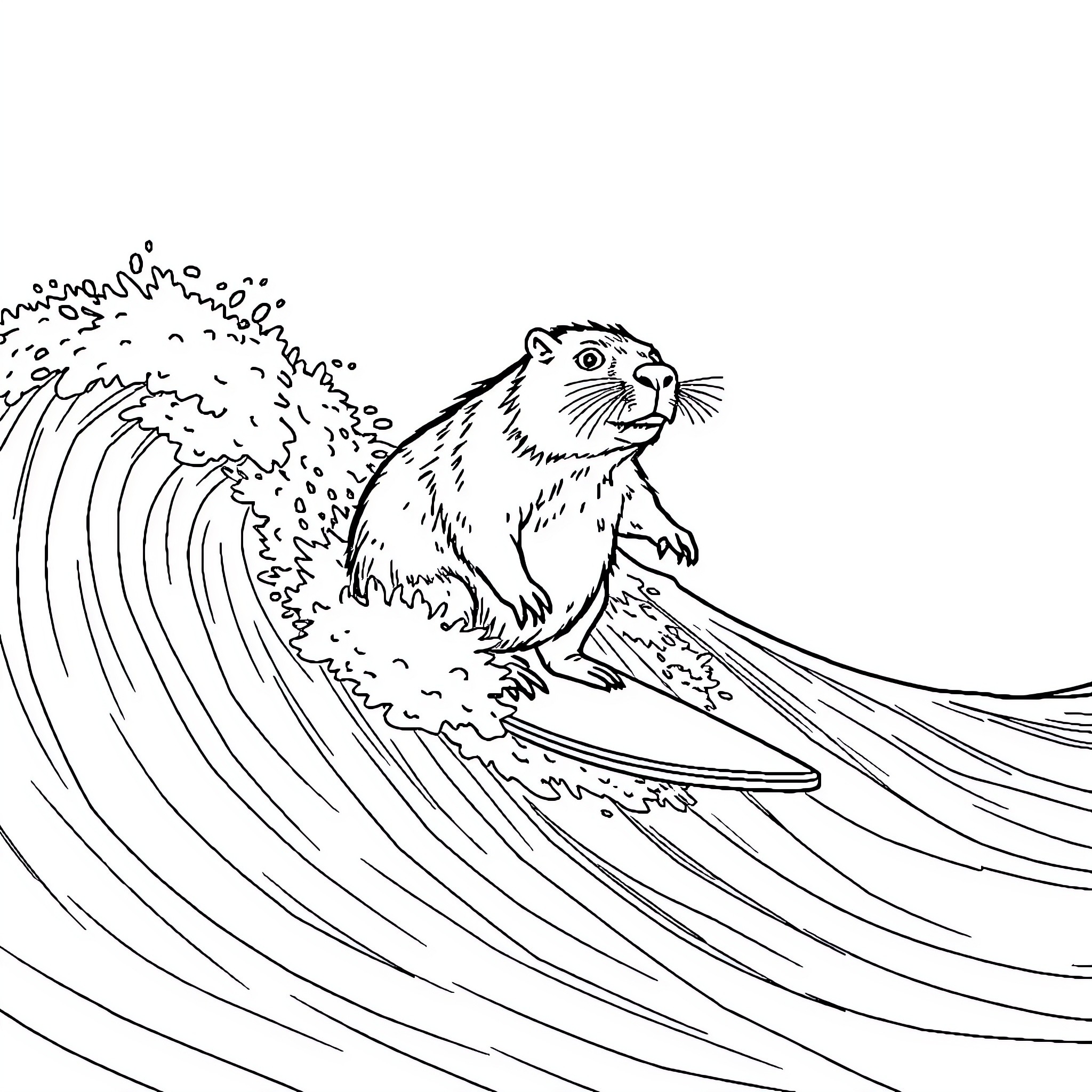Capybara riding a giant wave Coloring Page (free black-and-white line drawing printable PDF for all, from beginners to advanced learners, including children, teens, adults, and seniors)