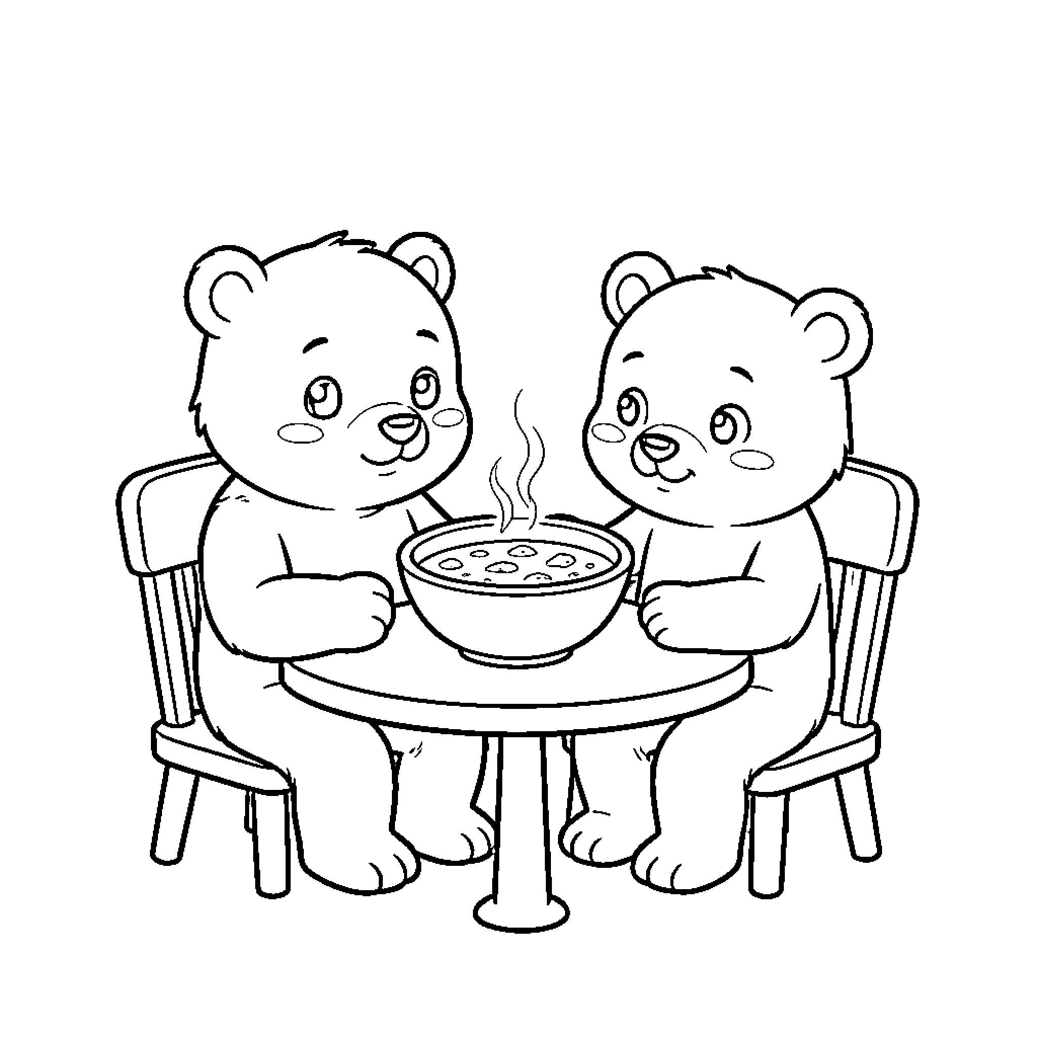 Ricitos de Oro bears sharing a warm meal together Coloring Page (free black-and-white line drawing printable PDF for all, from beginners to advanced learners, including children, teens, adults, and seniors)