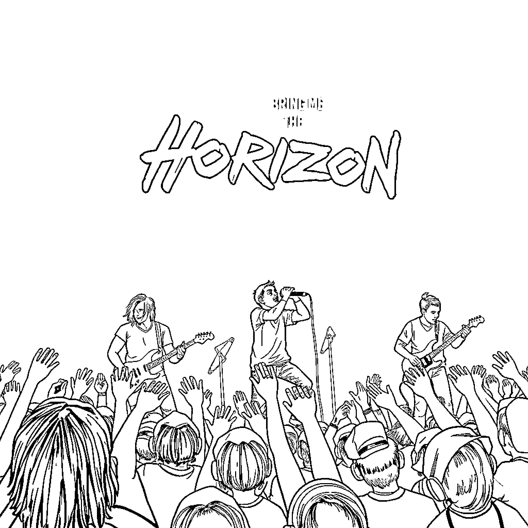 Bring Me the Horizon: Energetic Rock Band Performance Coloring Page (free black-and-white line drawing printable PDF for all, from beginners to advanced learners, including children, teens, adults, and seniors)