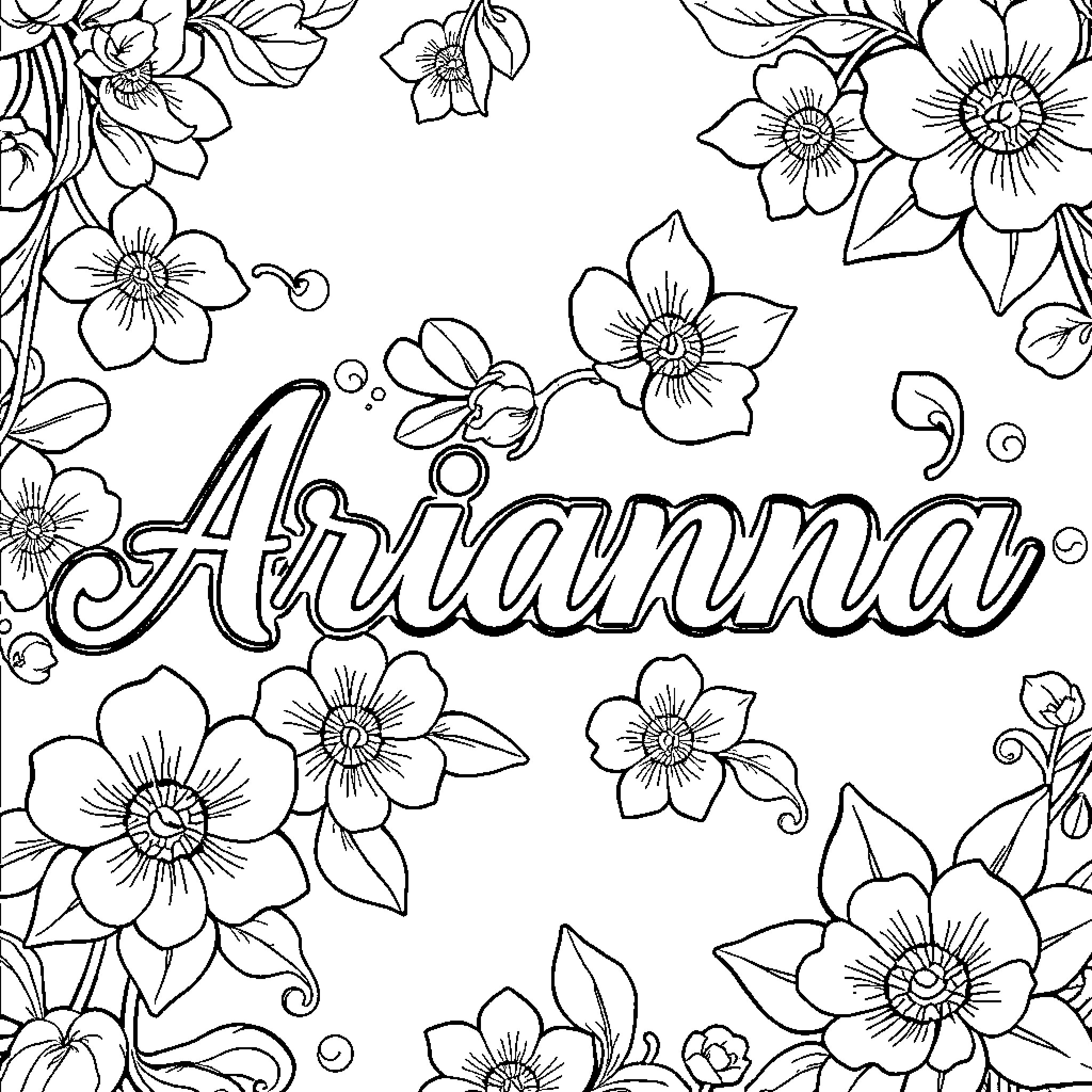Arianna surrounded by beautiful floral design Coloring Page (free black-and-white line drawing printable PDF for all, from beginners to advanced learners, including children, teens, adults, and seniors)