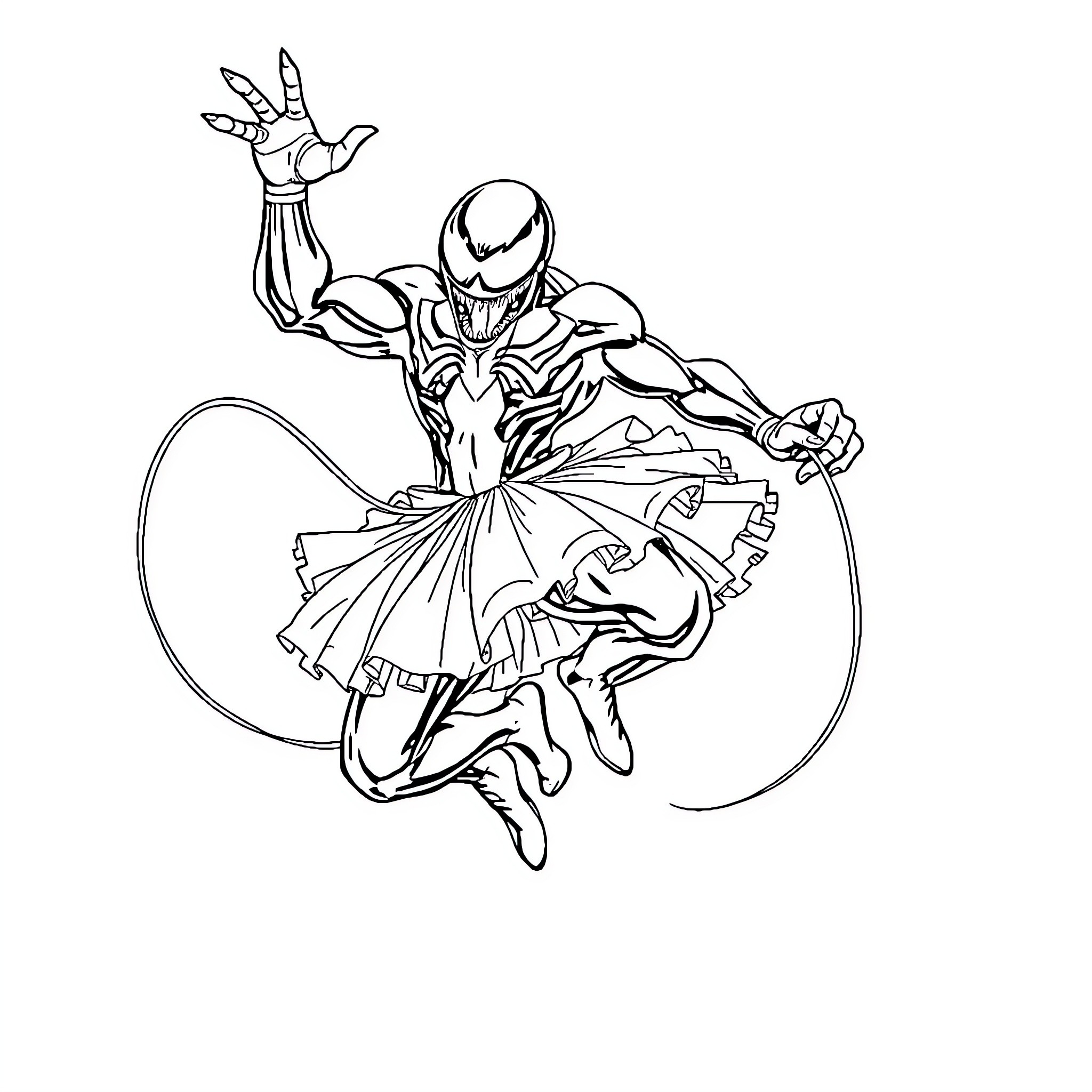 Venom Symbiote in Acrobatic Combat Pose Coloring Page (free black-and-white line drawing printable PDF for all, from beginners to advanced learners, including children, teens, adults, and seniors)