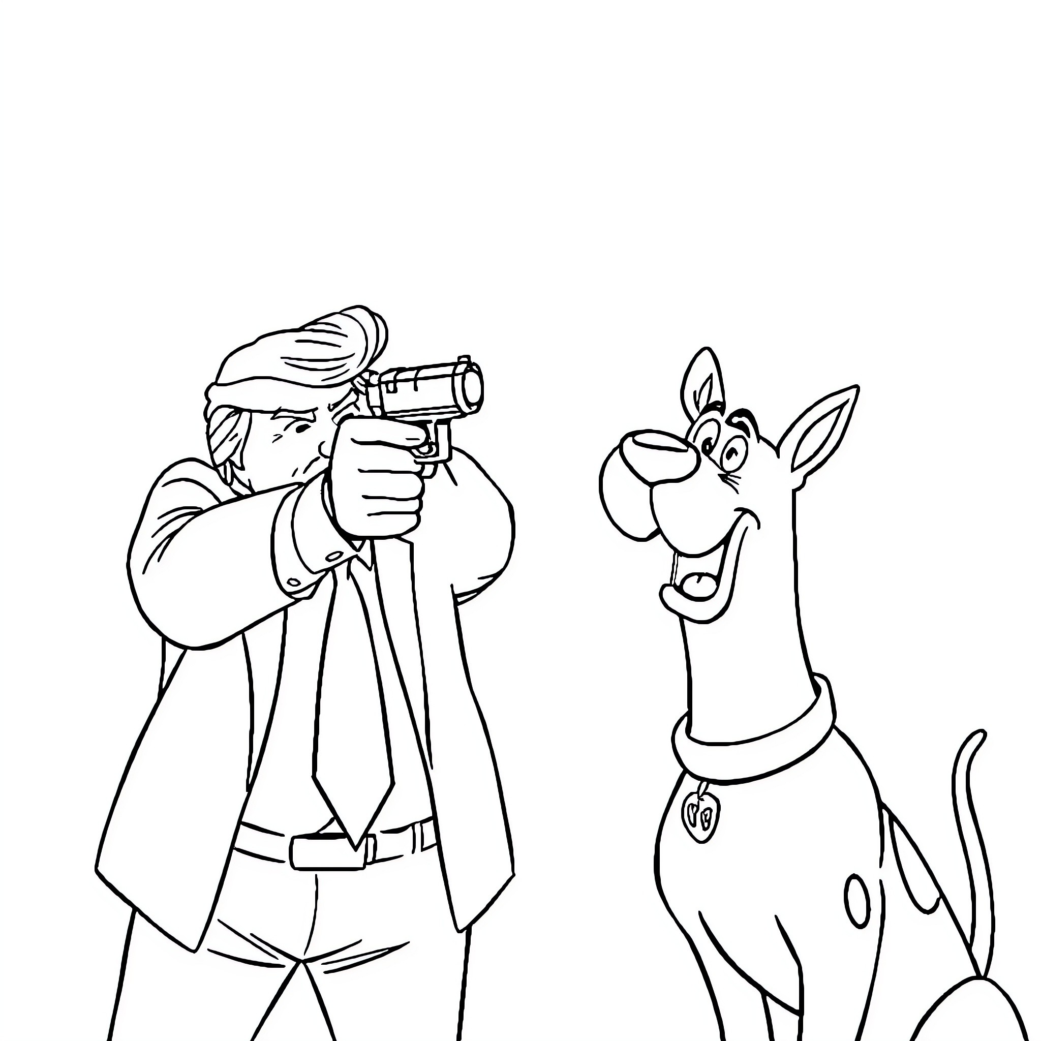 Donald Trump using binoculars to observe a cheerful dog Coloring Page (free black-and-white line drawing printable PDF for all, from beginners to advanced learners, including children, teens, adults, and seniors)