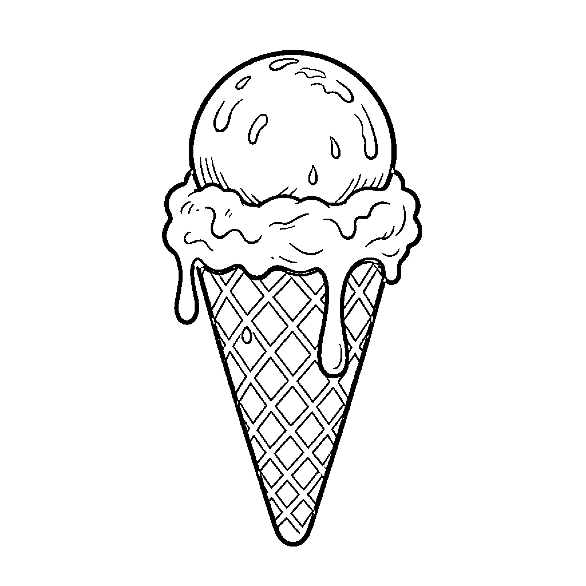 Ice Cream Melting in Waffle Cone Coloring Page (free black-and-white line drawing printable PDF for all, from beginners to advanced learners, including children, teens, adults, and seniors)