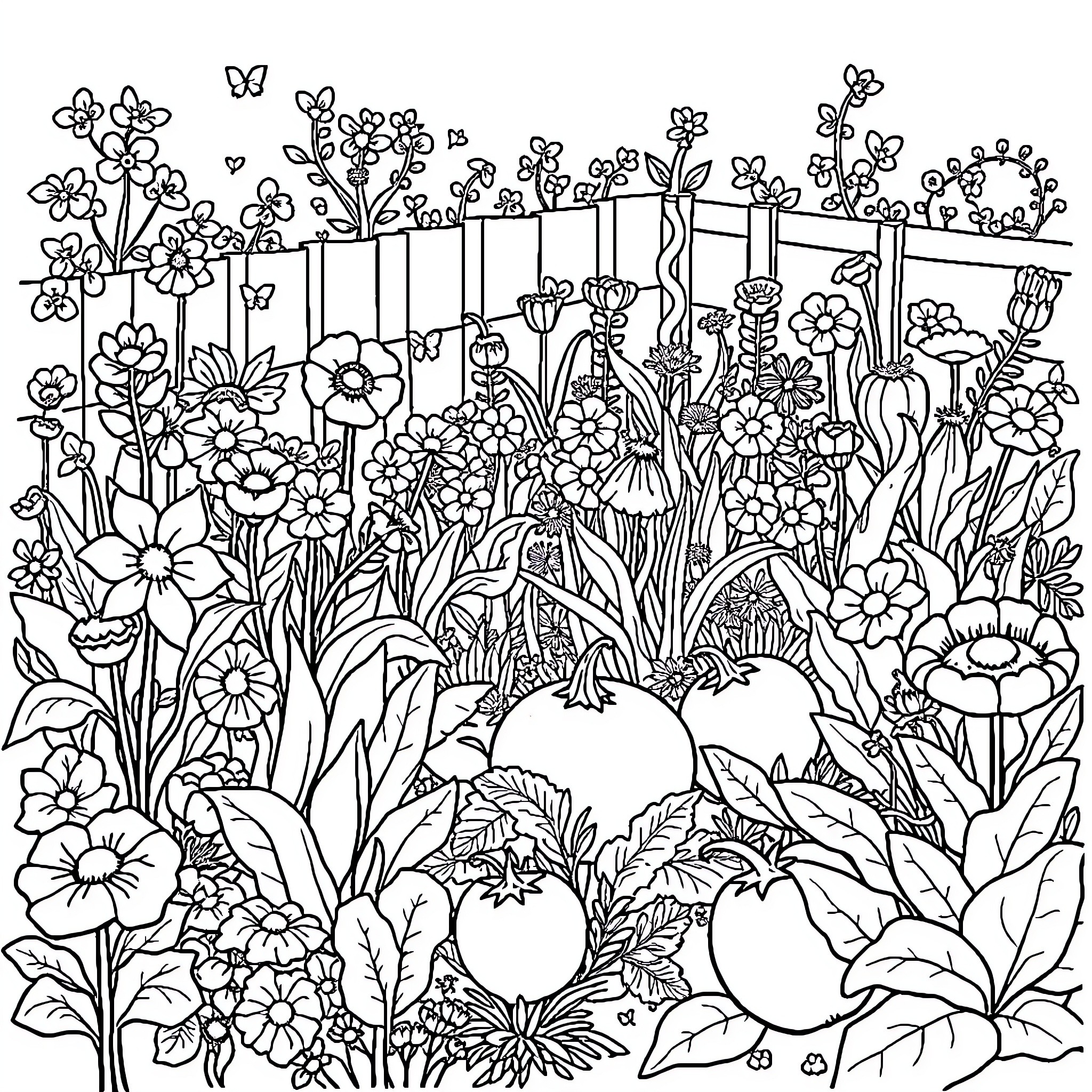 Garden filled with blooming flowers and plants Coloring Page (free black-and-white line drawing printable PDF for all, from beginners to advanced learners, including children, teens, adults, and seniors)