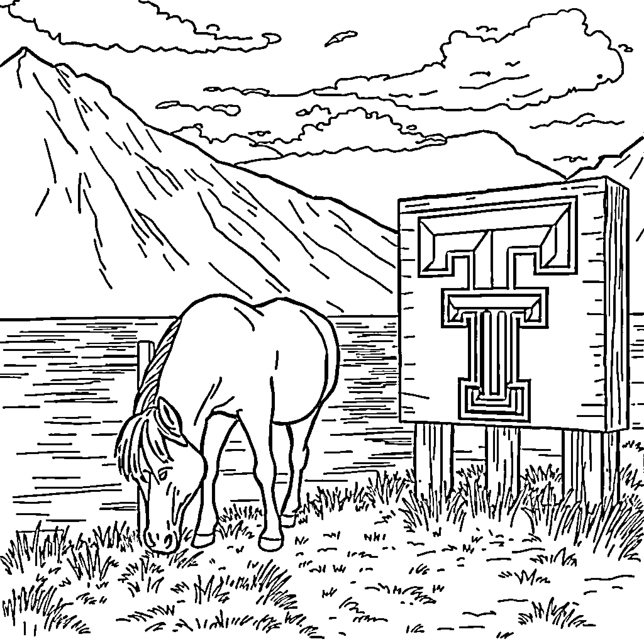 Horse grazing peacefully in rural landscape Coloring Page (free black-and-white line drawing printable PDF for all, from beginners to advanced learners, including children, teens, adults, and seniors)