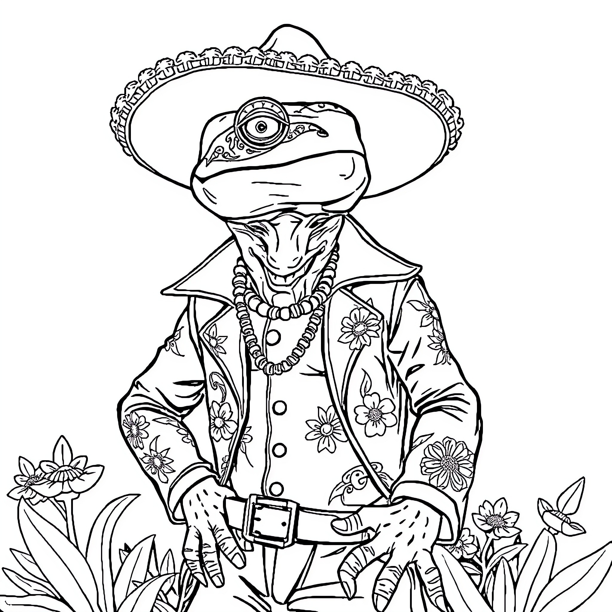 Lizard Man in Floral Attire and Sombrero Coloring Page (free black-and-white line drawing printable PDF for all, from beginners to advanced learners, including children, teens, adults, and seniors)
