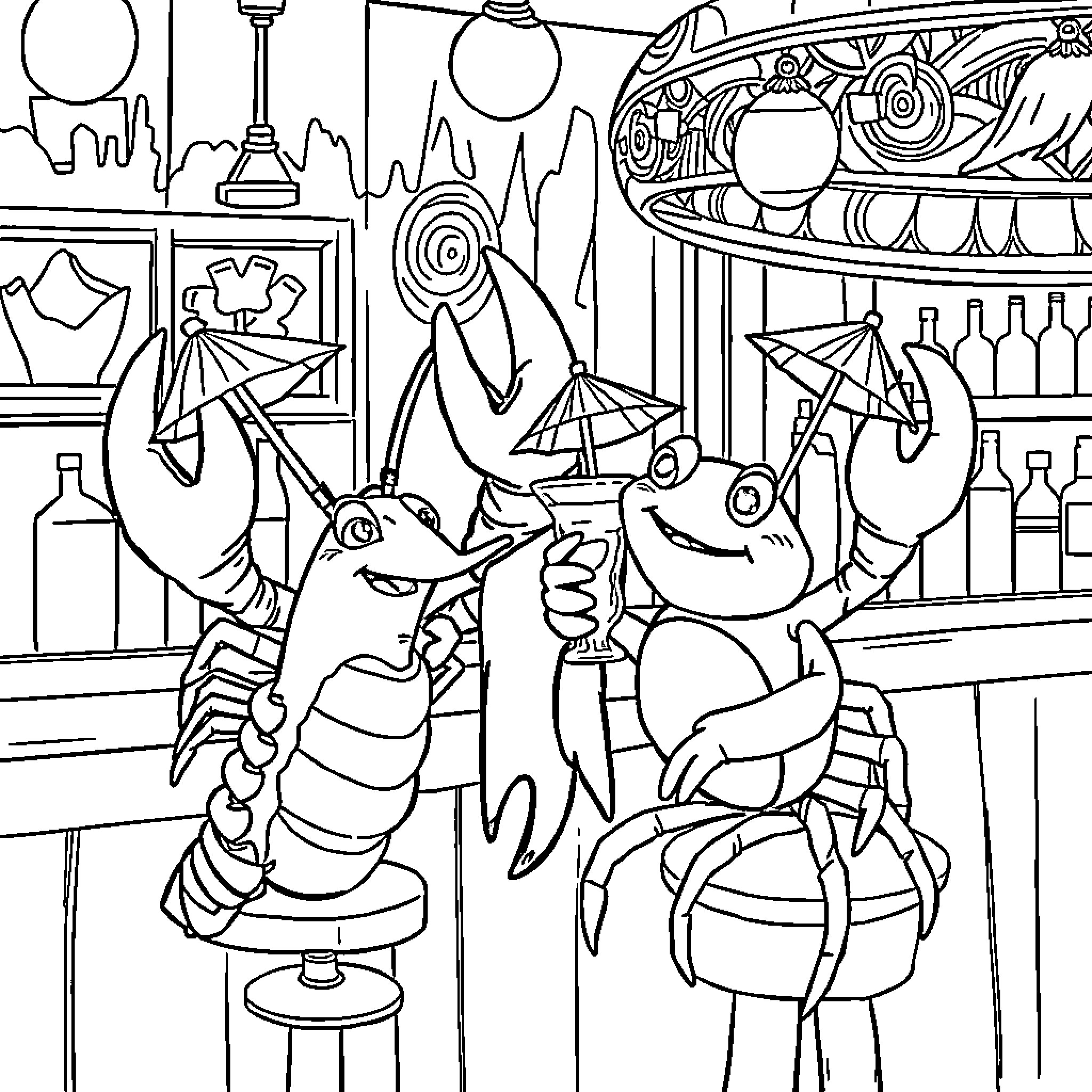 Lobster bartenders serving drinks in a whimsical lounge Coloring Page (free black-and-white line drawing printable PDF for all, from beginners to advanced learners, including children, teens, adults, and seniors)
