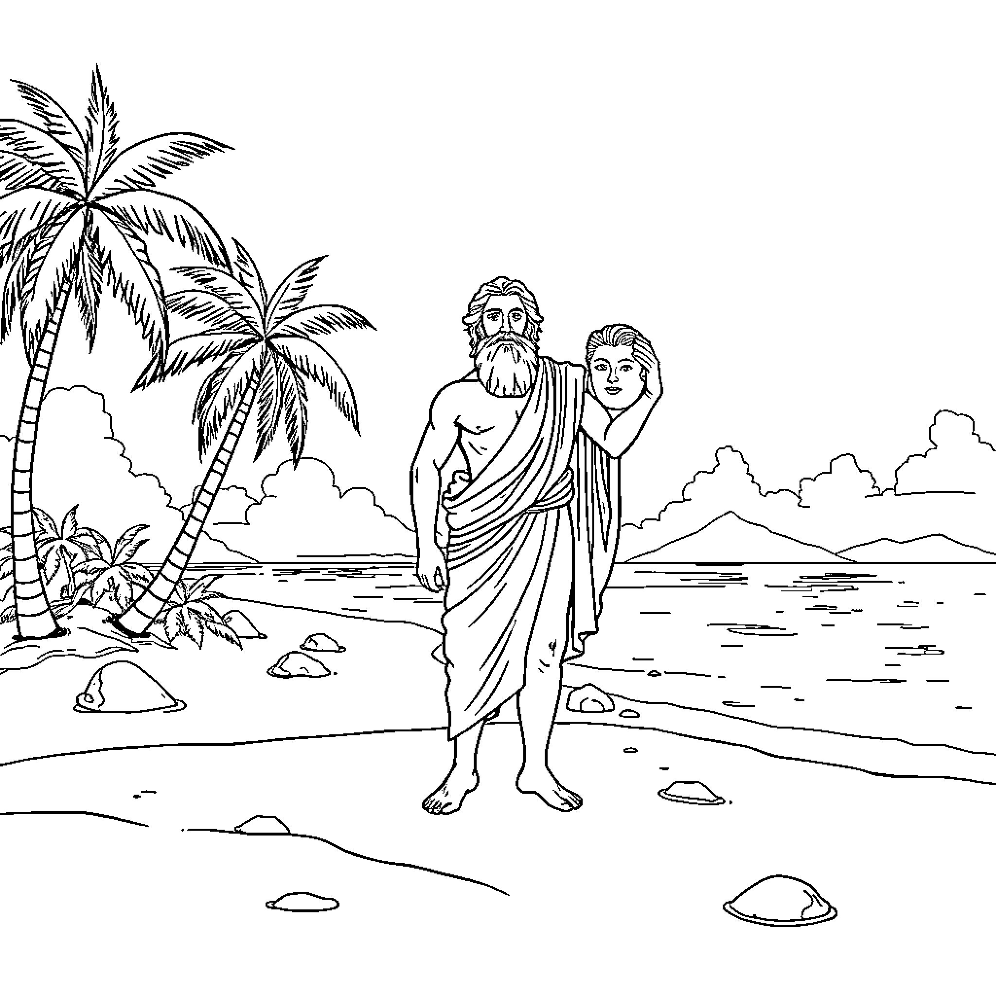 Aesop's Parable Scene on the Beach Coloring Page (free black-and-white line drawing printable PDF for all, from beginners to advanced learners, including children, teens, adults, and seniors)