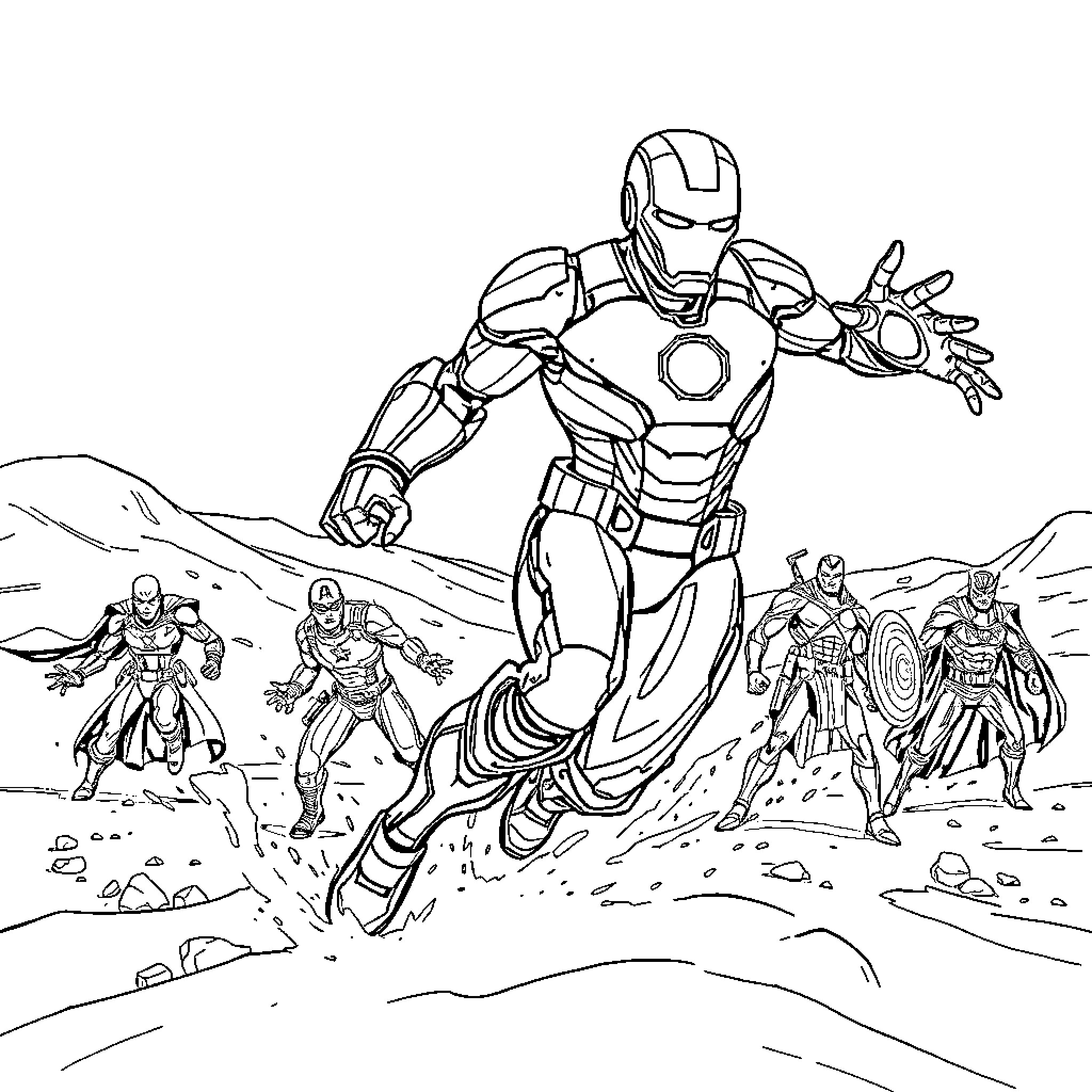 Avenger heroes in action-packed battle Coloring Page (free black-and-white line drawing printable PDF for all, from beginners to advanced learners, including children, teens, adults, and seniors)