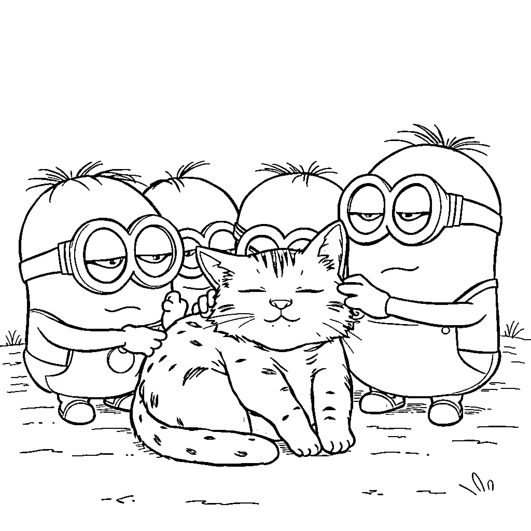 Catnap with Mischievous Minions Coloring Page (free black-and-white line drawing printable PDF for all, from beginners to advanced learners, including children, teens, adults, and seniors)