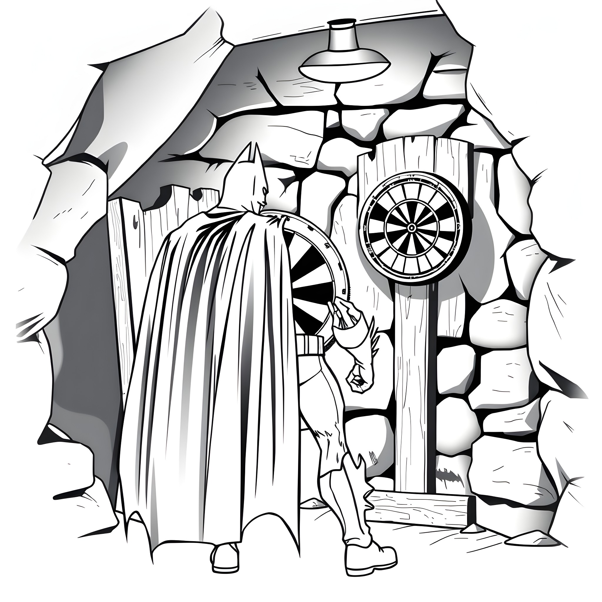 Batman exploring a mysterious cave with a dartboard Coloring Page (free black-and-white line drawing printable PDF for all, from beginners to advanced learners, including children, teens, adults, and seniors)