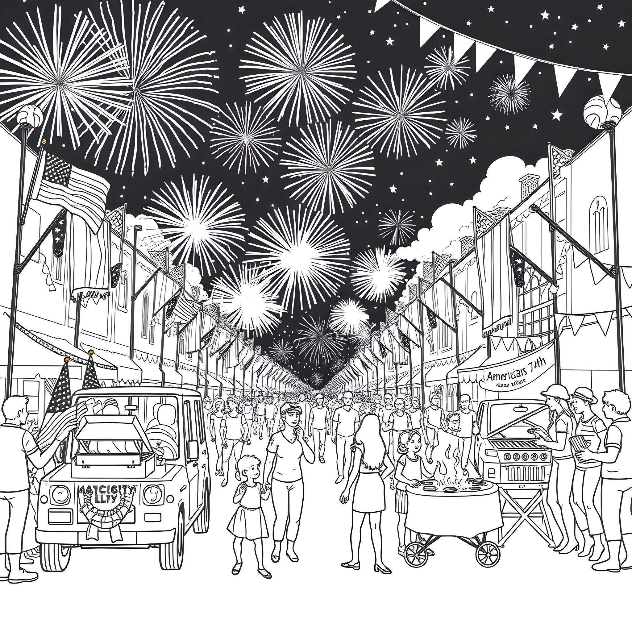 USA Celebration with Fireworks and Community in the Streets Coloring Page (free black-and-white line drawing printable PDF for all, from beginners to advanced learners, including children, teens, adults, and seniors)