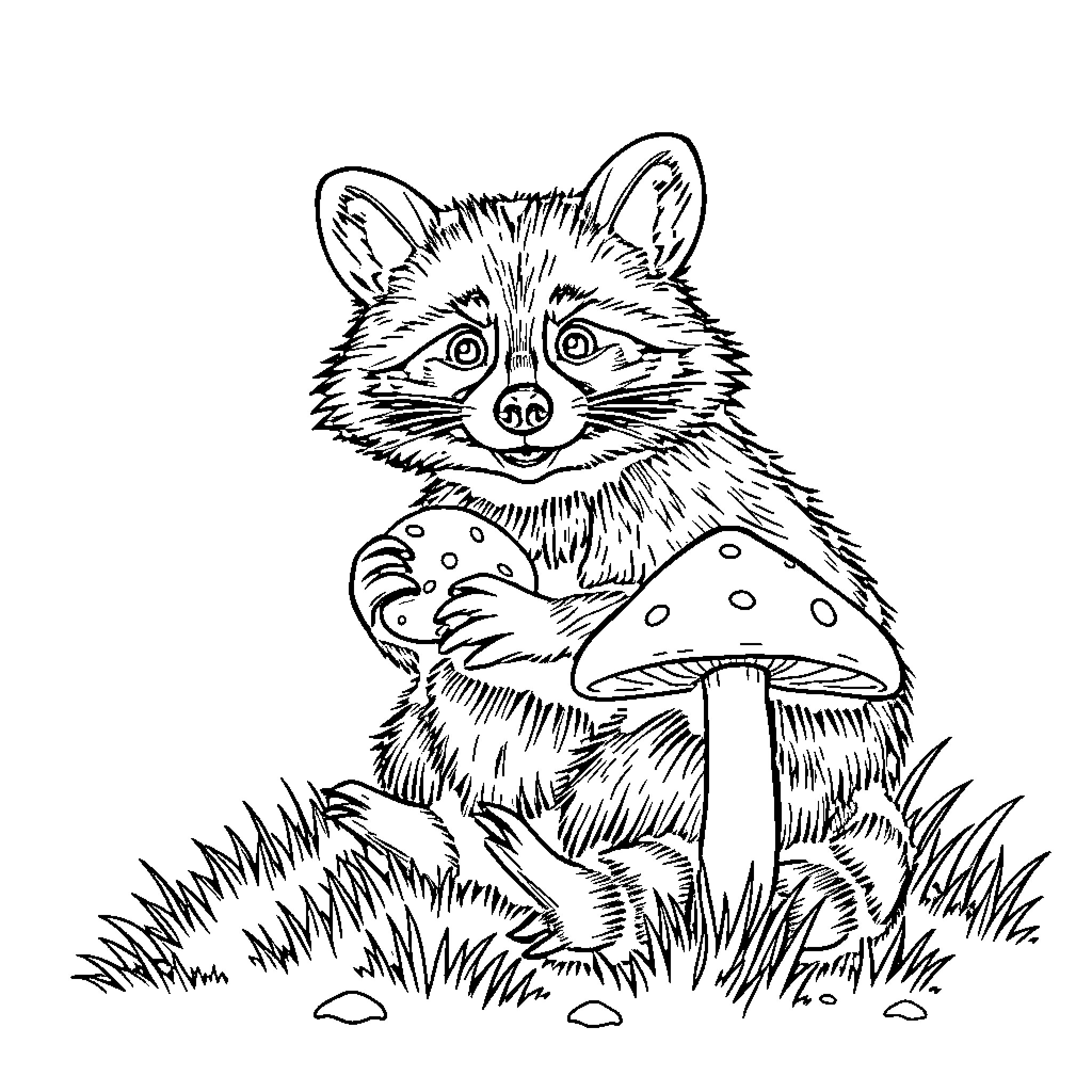 Raccoon exploring the forest with mushrooms Coloring Page (free black-and-white line drawing printable PDF for all, from beginners to advanced learners, including children, teens, adults, and seniors)