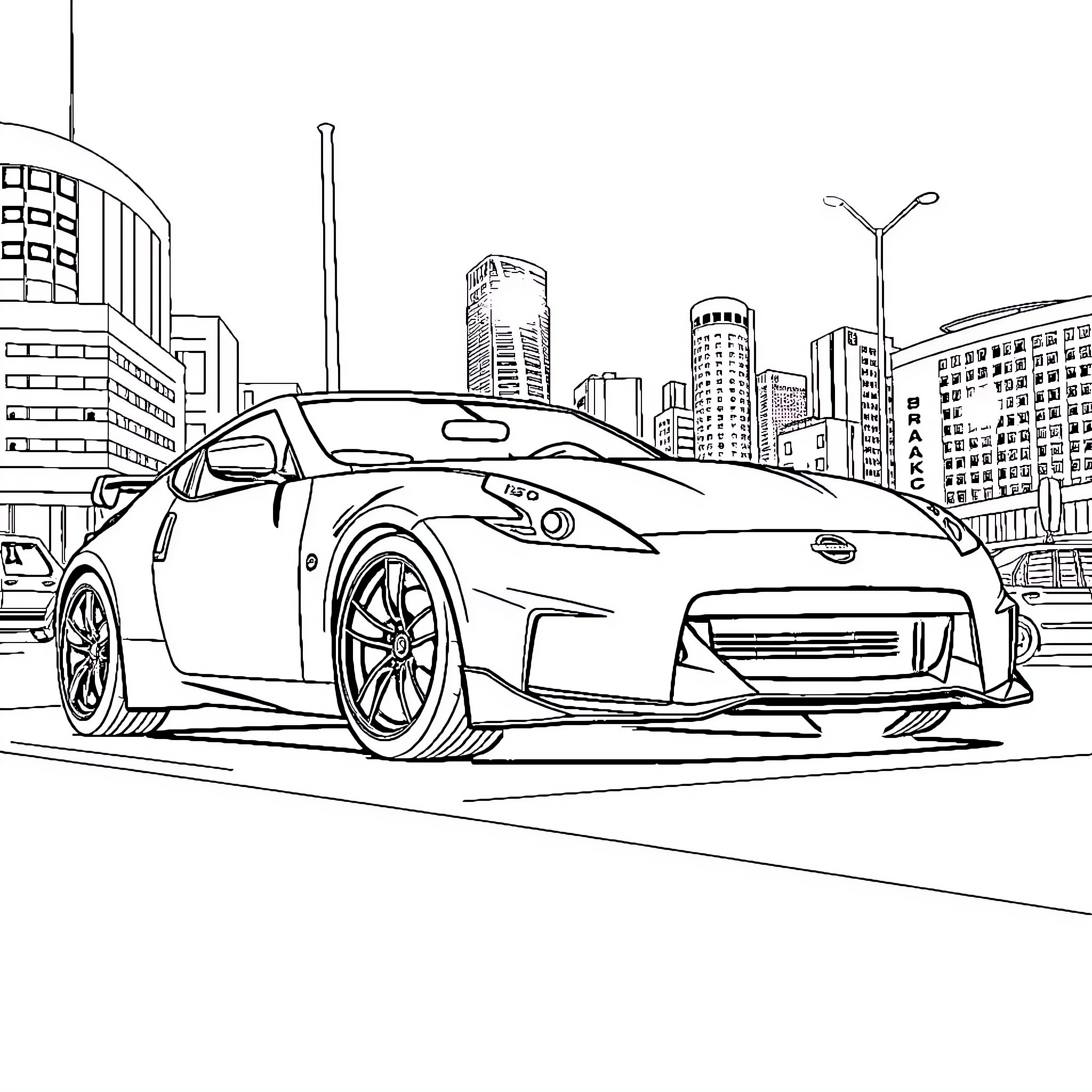 Nissan 370z in urban city scene Coloring Page (free black-and-white line drawing printable PDF for all, from beginners to advanced learners, including children, teens, adults, and seniors)