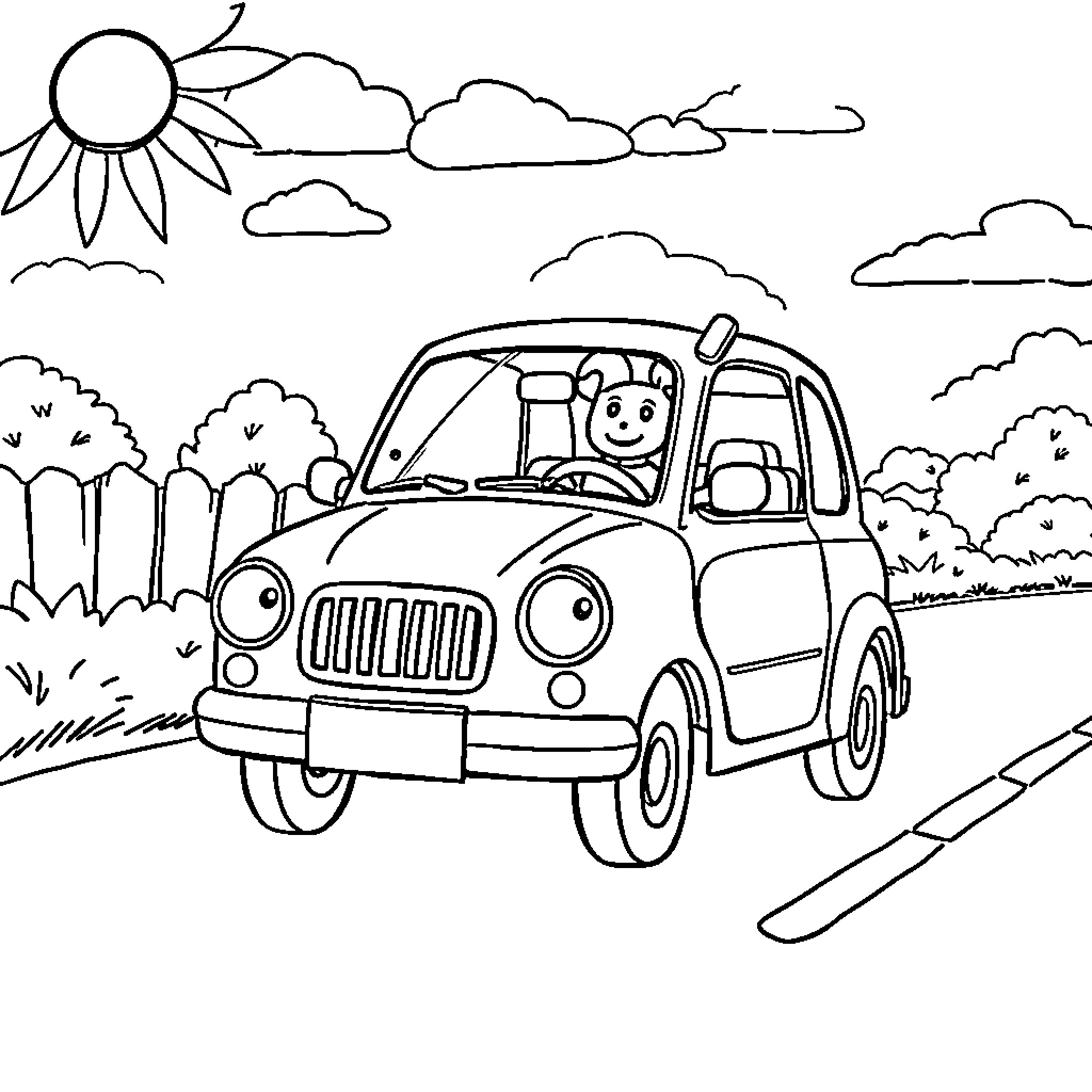 Yeeps Cheerful Car Driving Outdoors Landscape Coloring Page (free black-and-white line drawing printable PDF for all, from beginners to advanced learners, including children, teens, adults, and seniors)