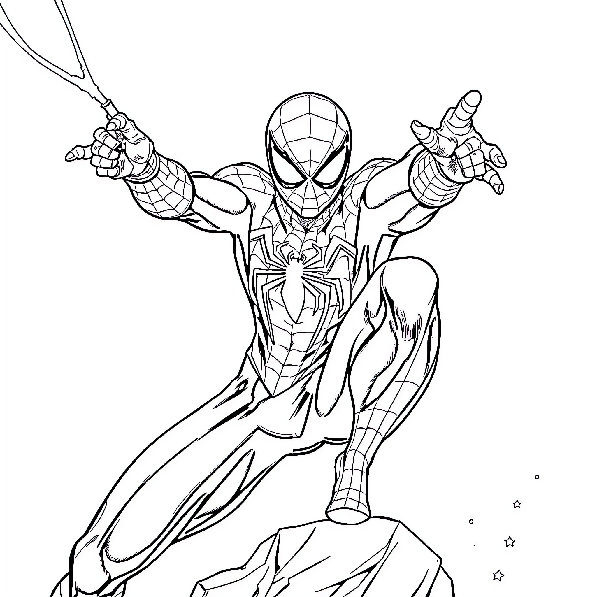 Spider-Man Heroically Swinging into Action Coloring Page (free black-and-white line drawing printable PDF for all, from beginners to advanced learners, including children, teens, adults, and seniors)
