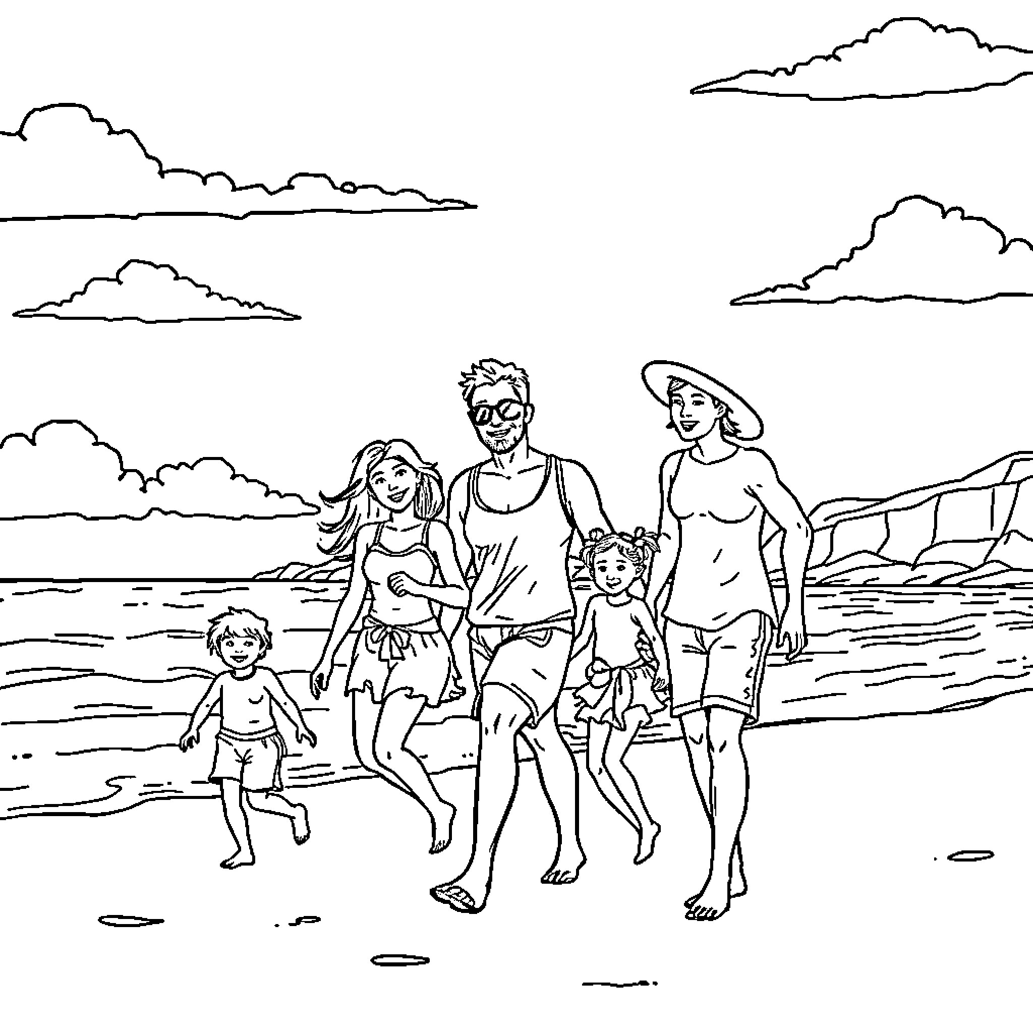 Family Enjoying a Day at the Beach Coloring Page (free black-and-white line drawing printable PDF for all, from beginners to advanced learners, including children, teens, adults, and seniors)