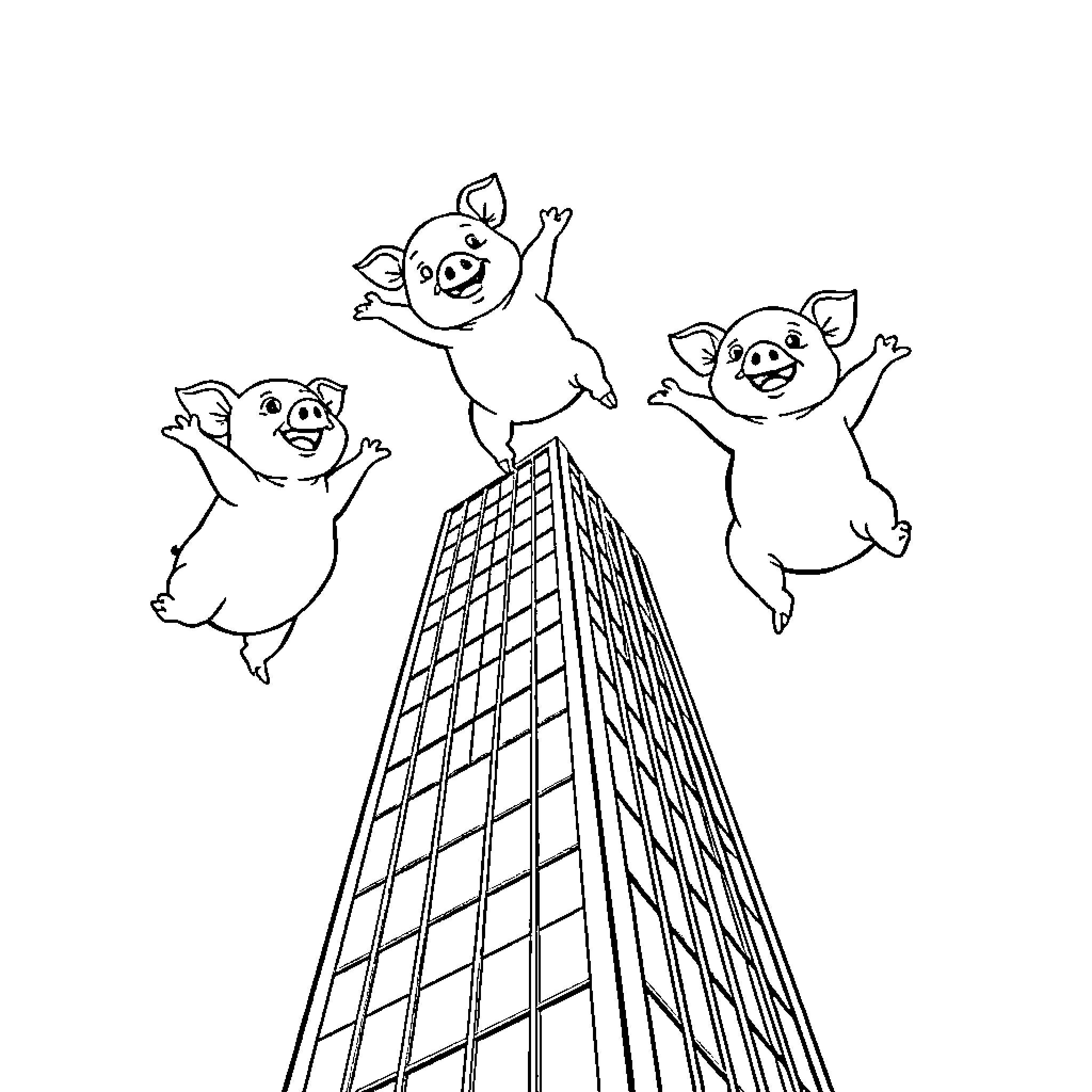 Pigs playing joyfully on skyscraper Coloring Page (free black-and-white line drawing printable PDF for all, from beginners to advanced learners, including children, teens, adults, and seniors)