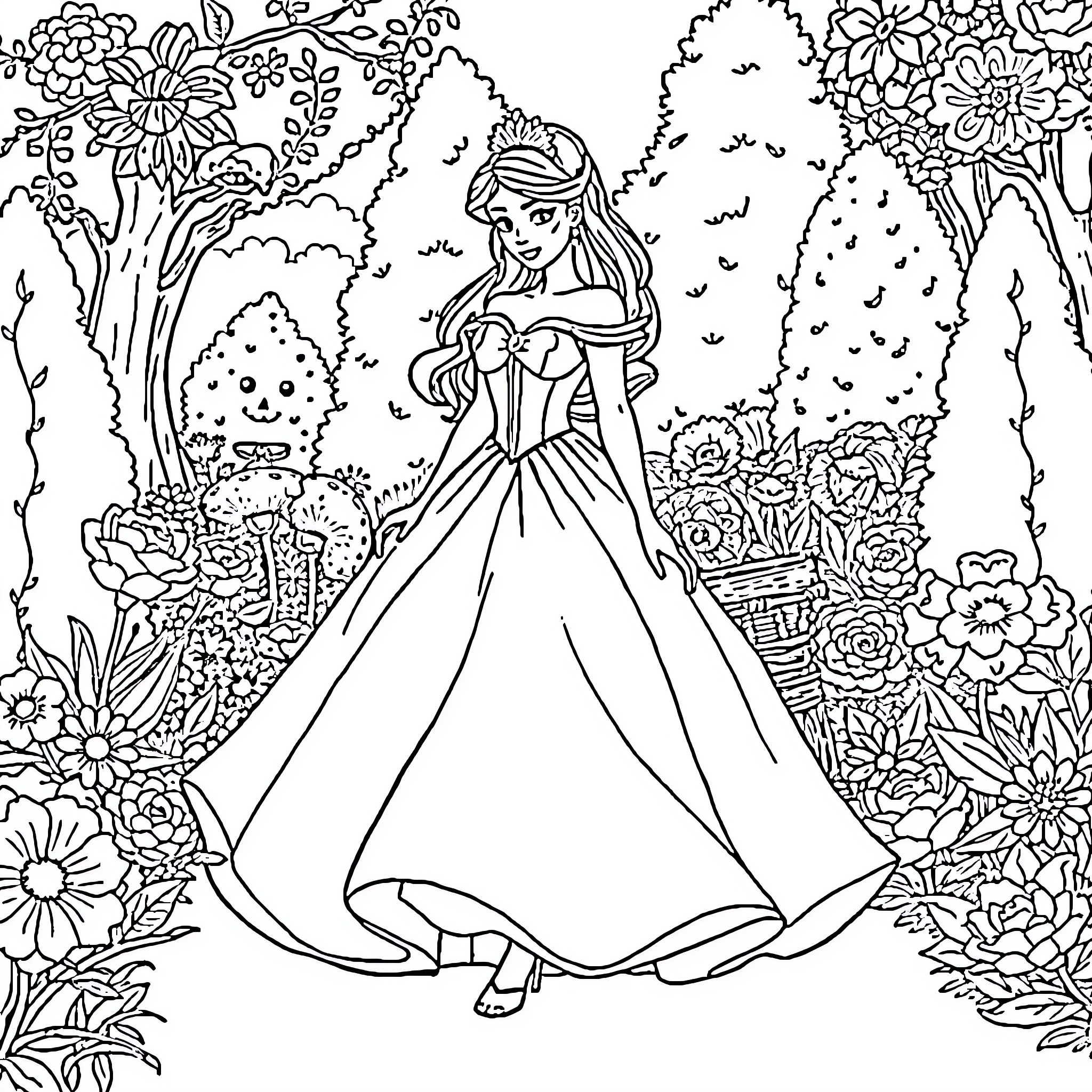 Princess enjoying a garden surrounded by flowers Coloring Page (free black-and-white line drawing printable PDF for all, from beginners to advanced learners, including children, teens, adults, and seniors)