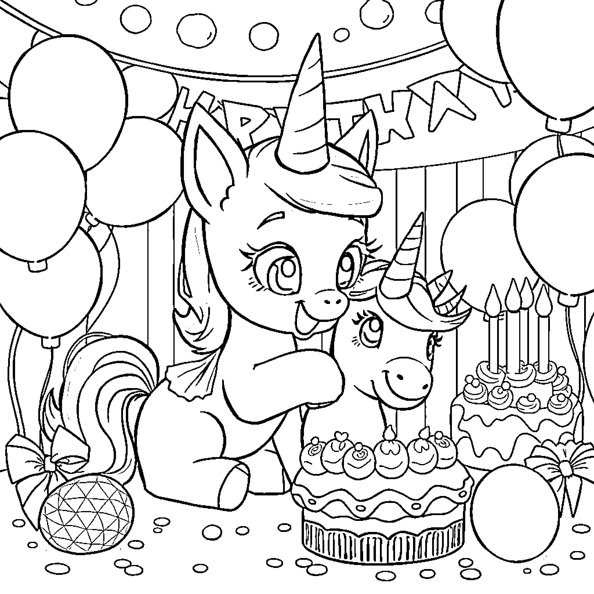 Bluey's Festive Birthday Celebration Coloring Page (free black-and-white line drawing printable PDF for all, from beginners to advanced learners, including children, teens, adults, and seniors)