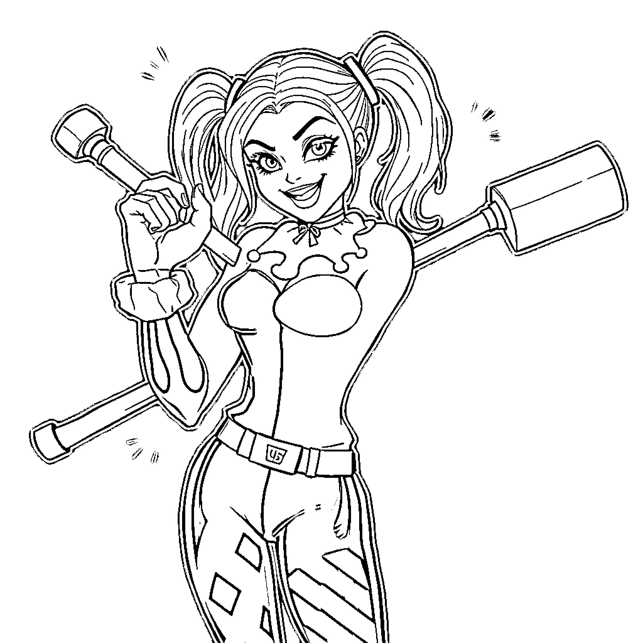 Harley Quinn wielding her signature weapons with glee Coloring Page (free black-and-white line drawing printable PDF for all, from beginners to advanced learners, including children, teens, adults, and seniors)