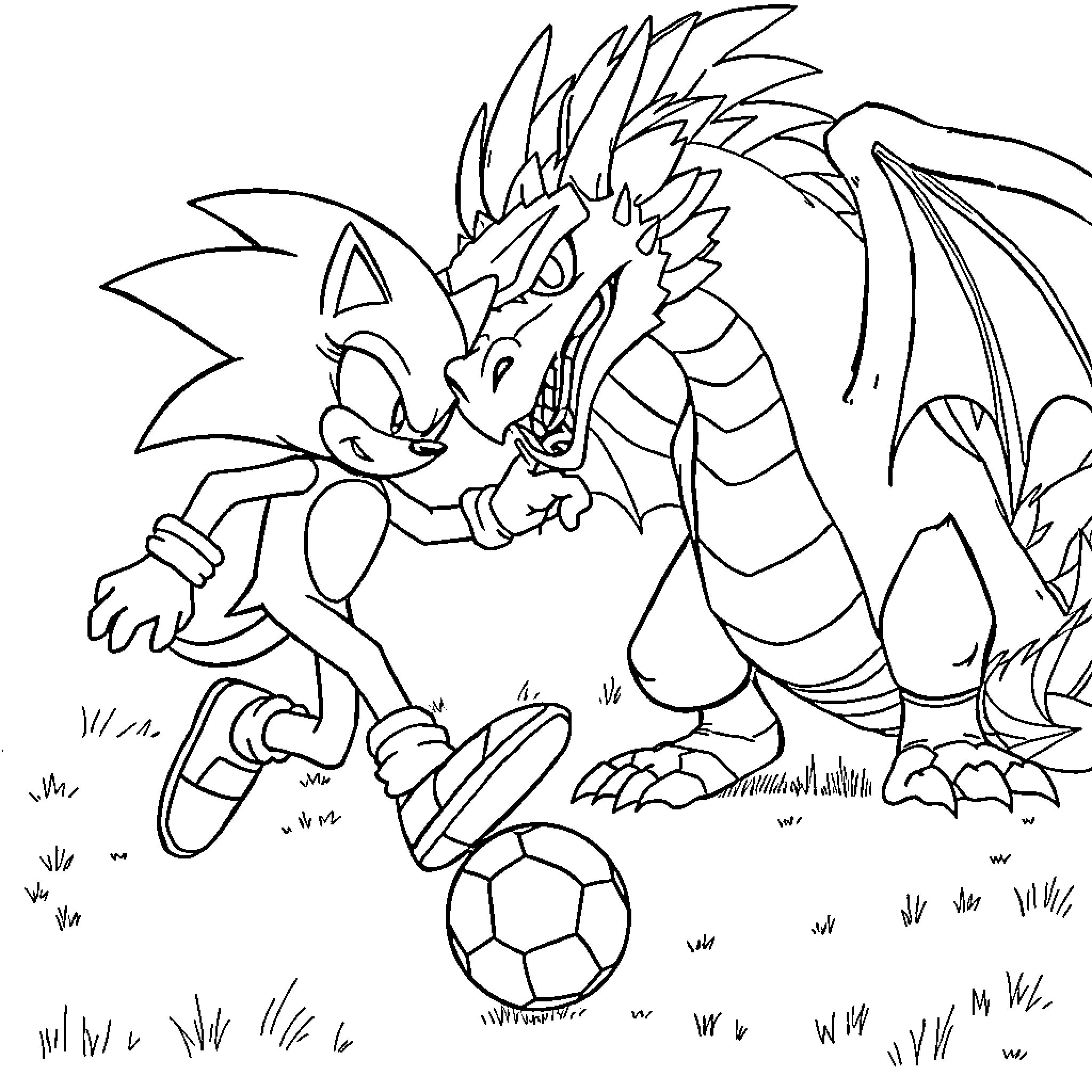 Sonic running with a soccer ball in the field Coloring Page (free black-and-white line drawing printable PDF for all, from beginners to advanced learners, including children, teens, adults, and seniors)