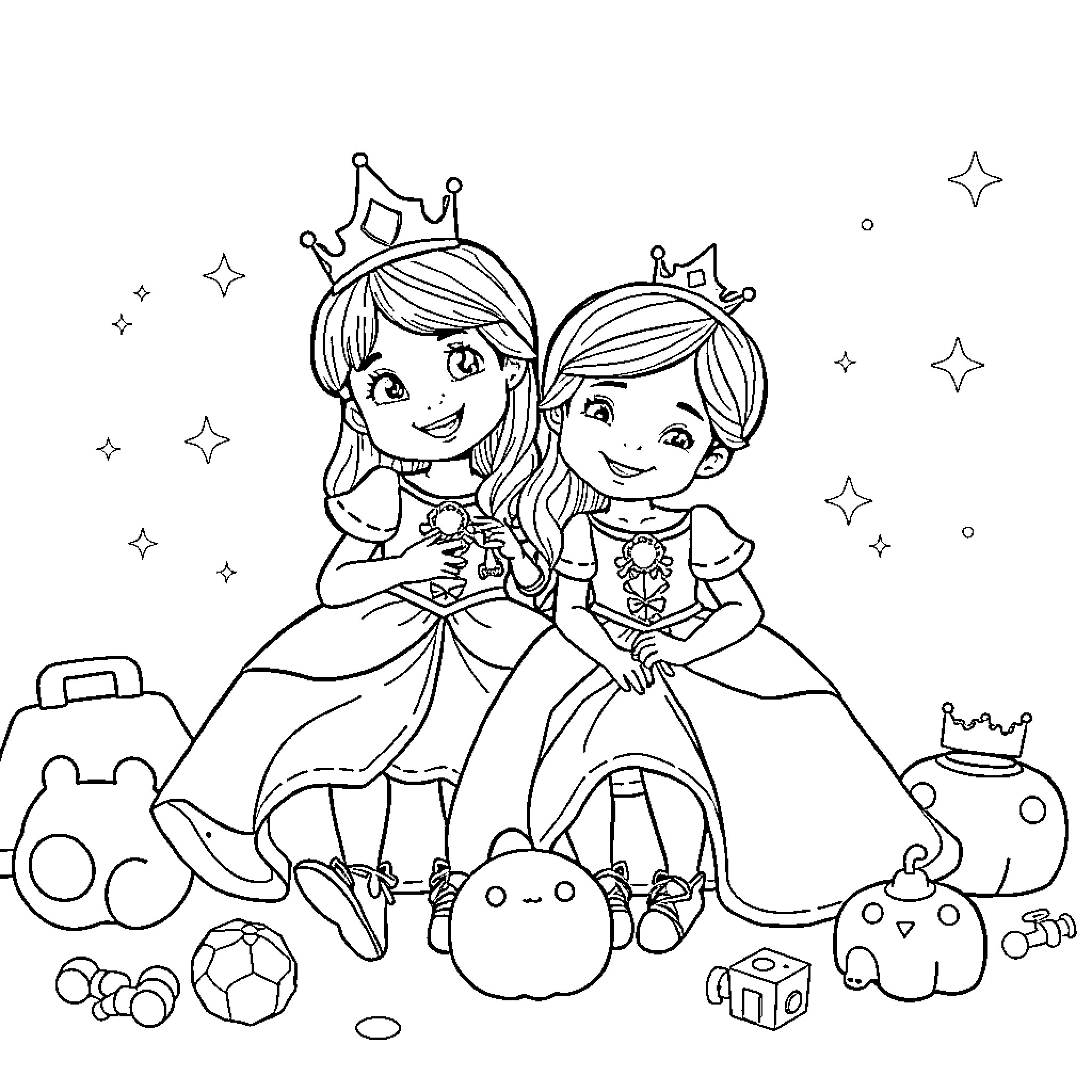 Girls in Princess Dresses Playing with Toys Coloring Page (free black-and-white line drawing printable PDF for all, from beginners to advanced learners, including children, teens, adults, and seniors)