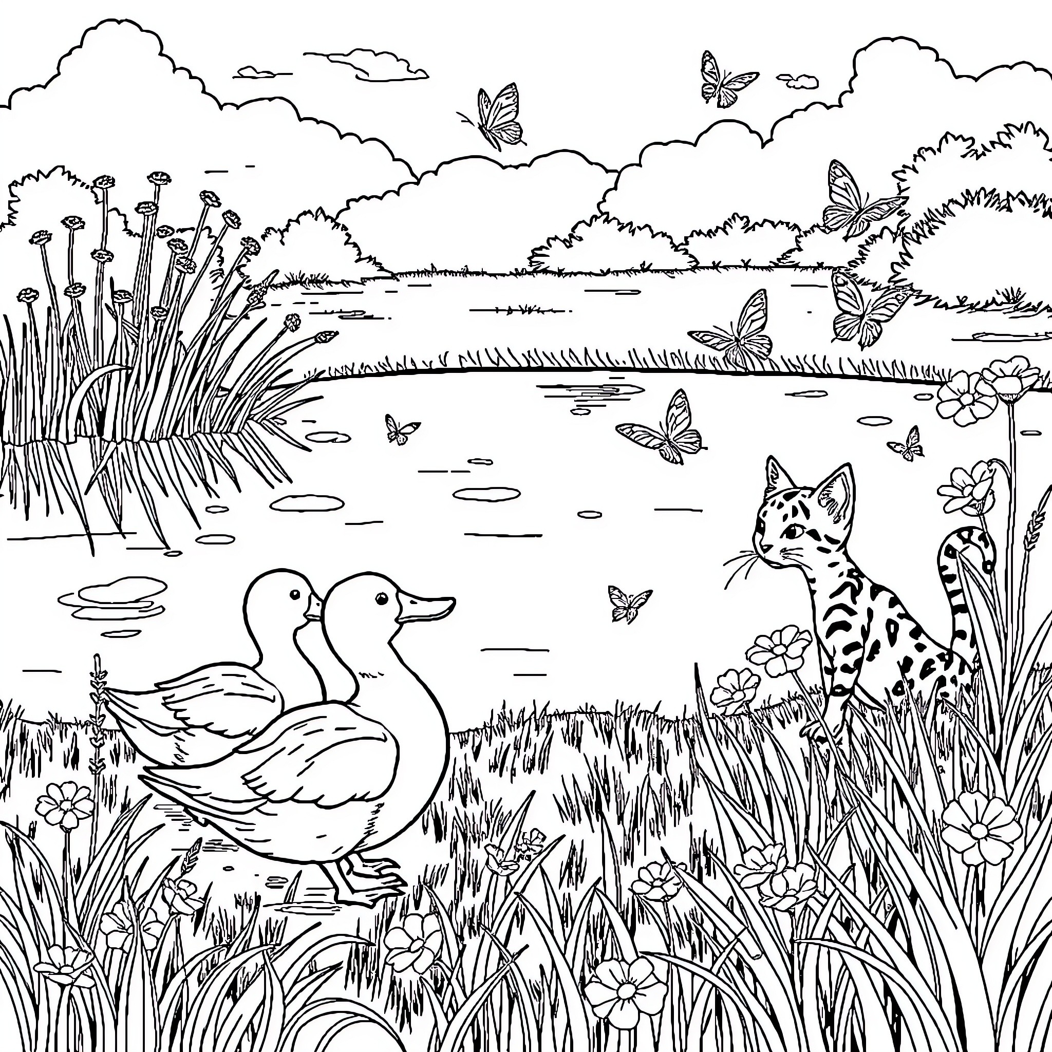 Duck pond with butterflies and wildlife Coloring Page (free black-and-white line drawing printable PDF for all, from beginners to advanced learners, including children, teens, adults, and seniors)