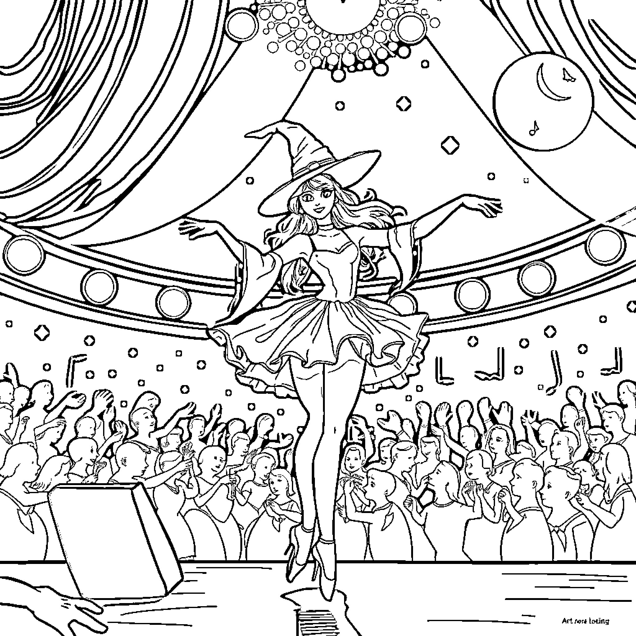 Ballerina Performs on Stage for Cheering Crowd Coloring Page (free black-and-white line drawing printable PDF for all, from beginners to advanced learners, including children, teens, adults, and seniors)
