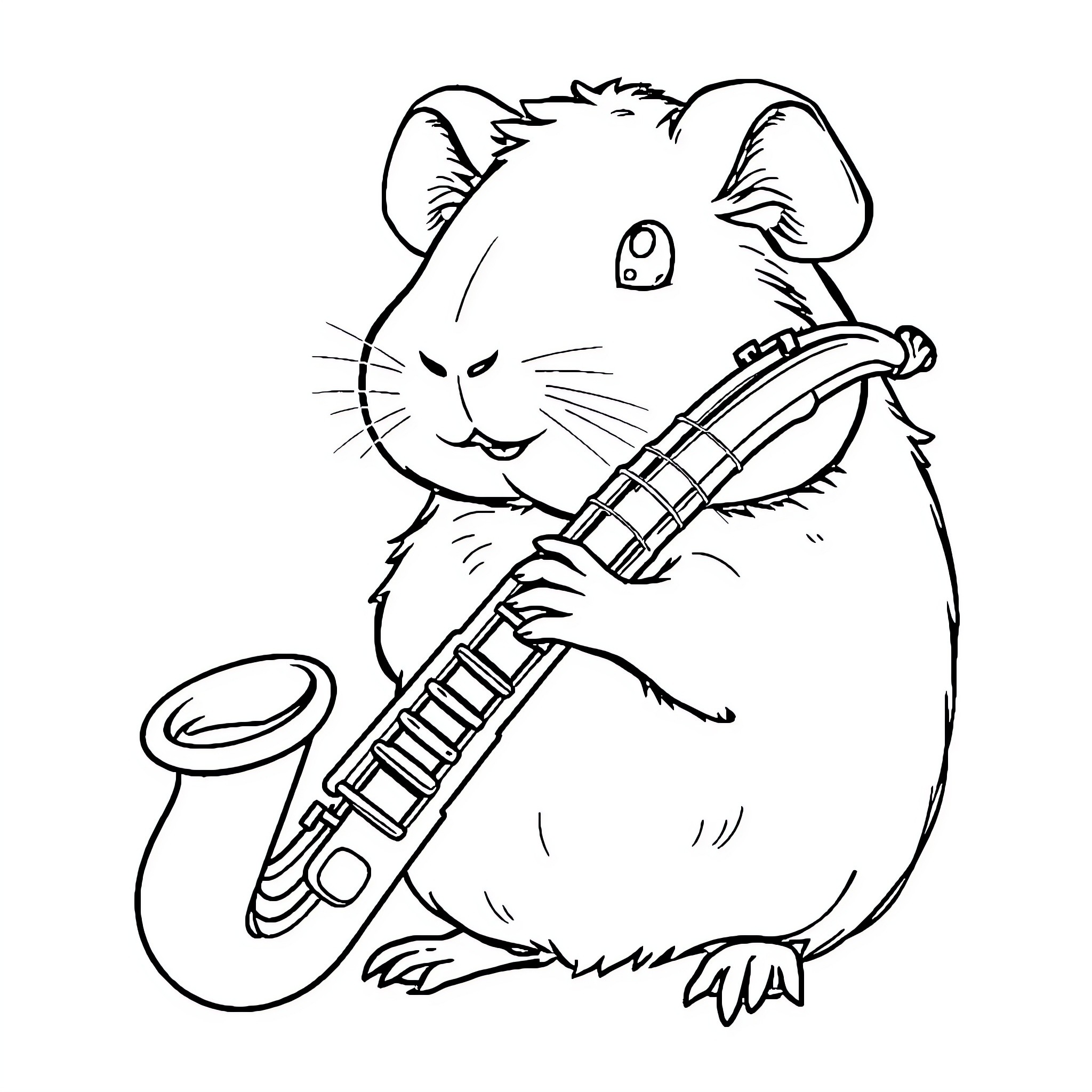 Guinea Pig playing saxophone Coloring Page (free black-and-white line drawing printable PDF for all, from beginners to advanced learners, including children, teens, adults, and seniors)