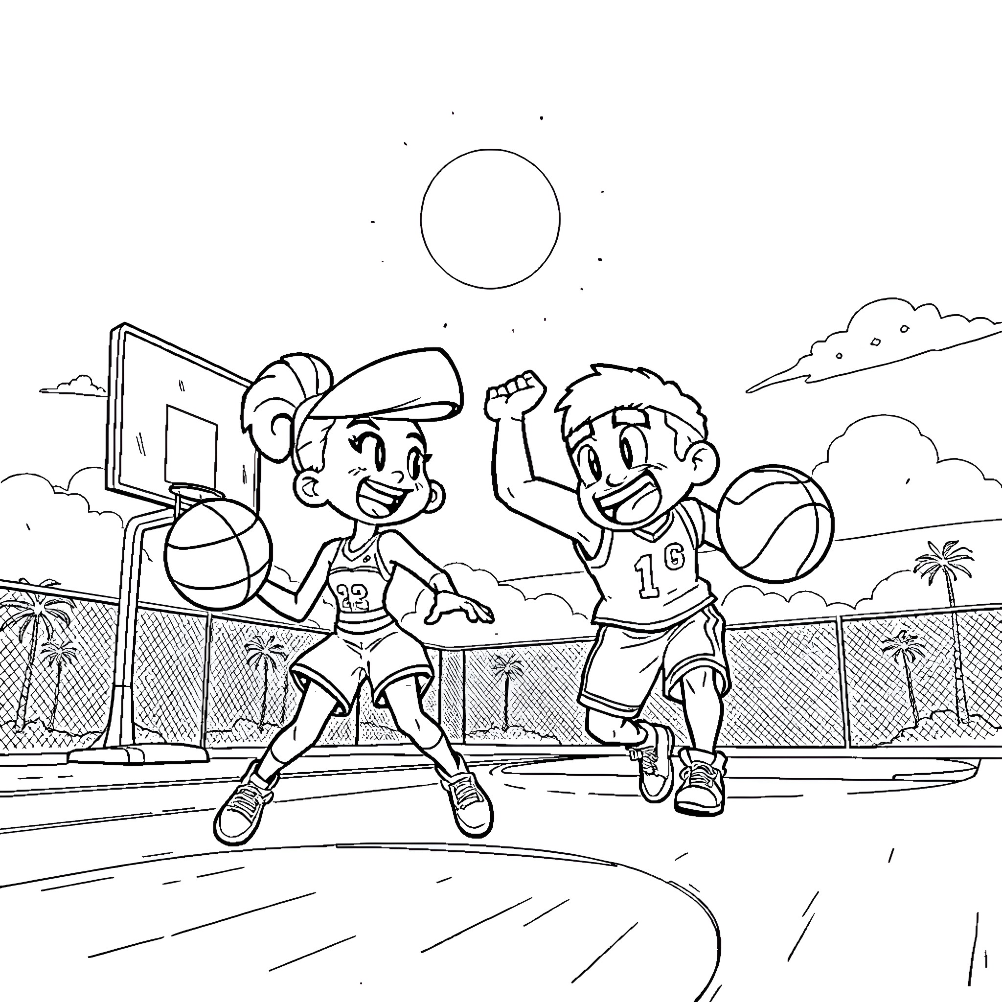 Brawl Stars characters playing basketball on court Coloring Page (free black-and-white line drawing printable PDF for all, from beginners to advanced learners, including children, teens, adults, and seniors)