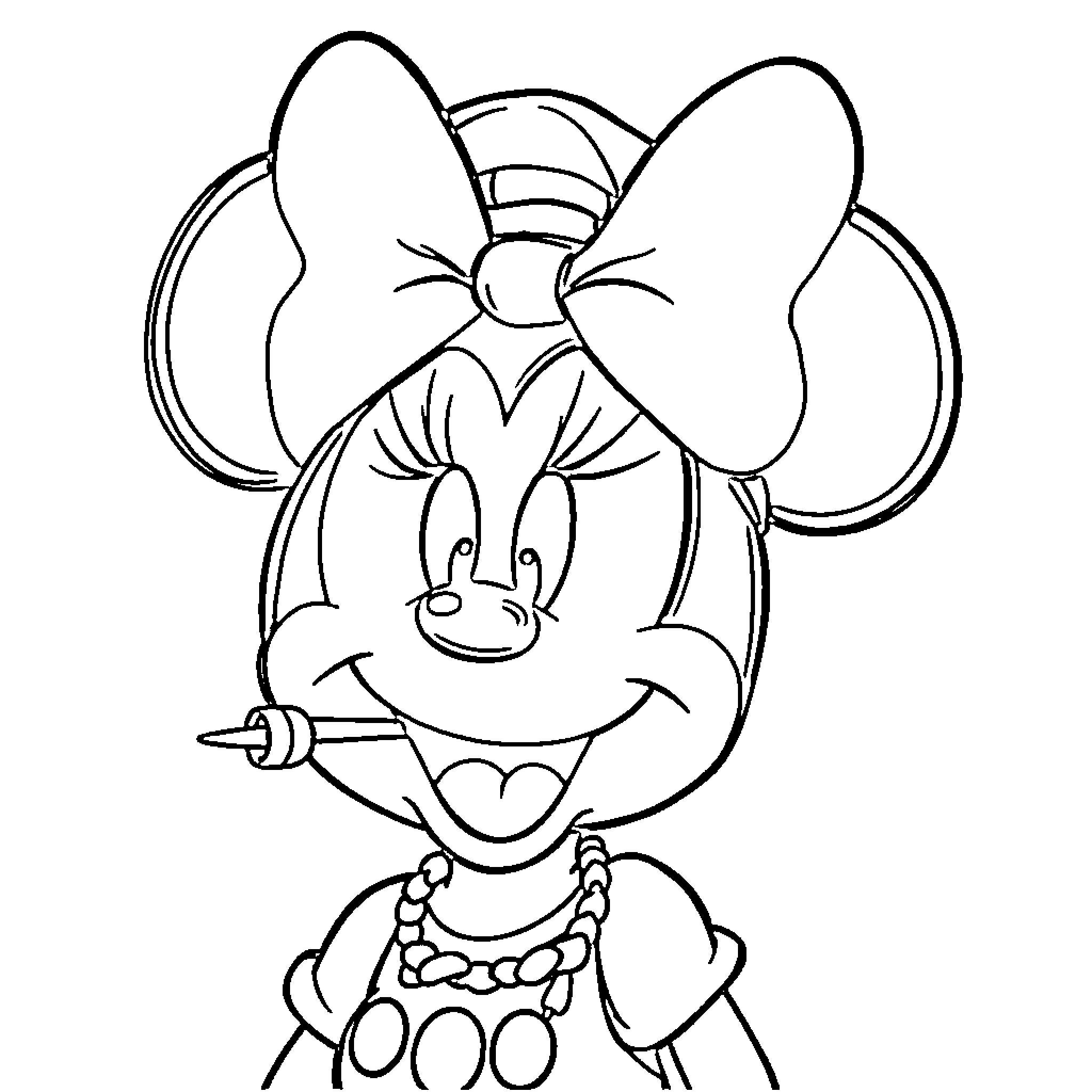 Minnie Mouse smiling and posing Coloring Page (free black-and-white line drawing printable PDF for all, from beginners to advanced learners, including children, teens, adults, and seniors)