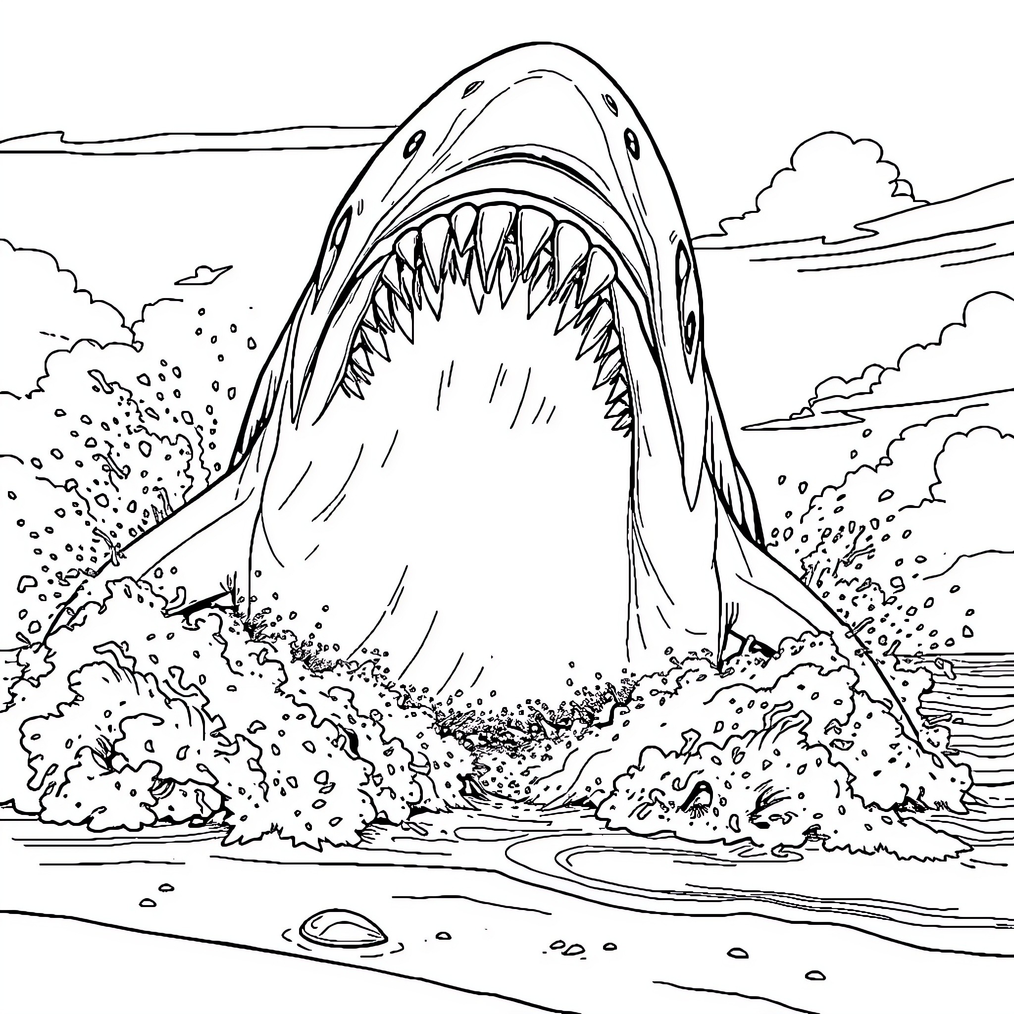Megalodon ferociously emerging from the sea Coloring Page (free black-and-white line drawing printable PDF for all, from beginners to advanced learners, including children, teens, adults, and seniors)