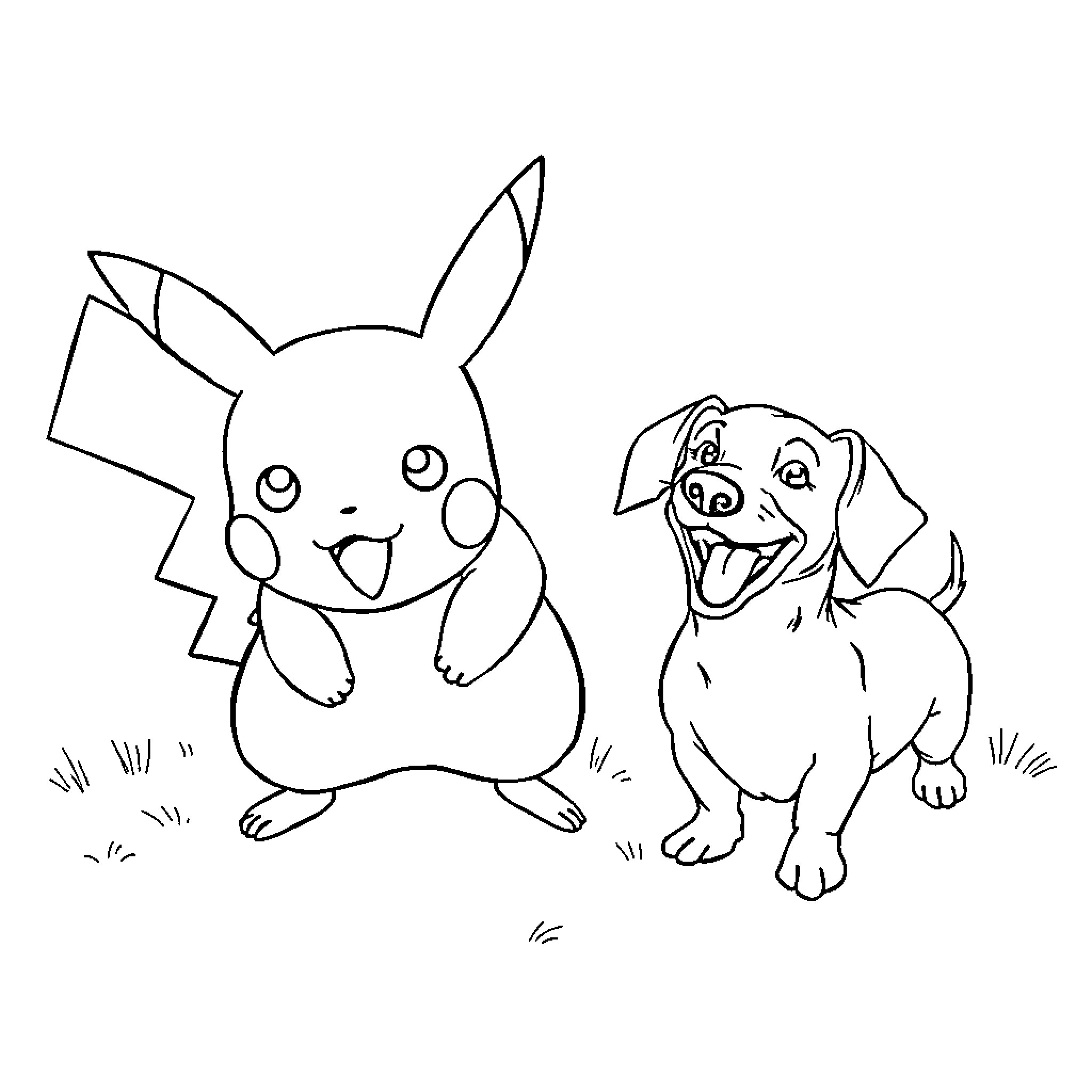 Pikachu and Puppy Playing Happily Coloring Page (free black-and-white line drawing printable PDF for all, from beginners to advanced learners, including children, teens, adults, and seniors)